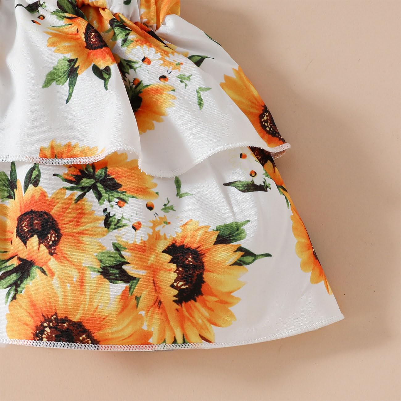 Ensemble de Vêtements Bébé Fille, Combinaison Manches Courtes Volants et Boutons Pression à l'entrejambe, Tournesol Extensible Bretelles Button Jupe Nœud Papillon Bandeau Tenue, 0-18 Mois