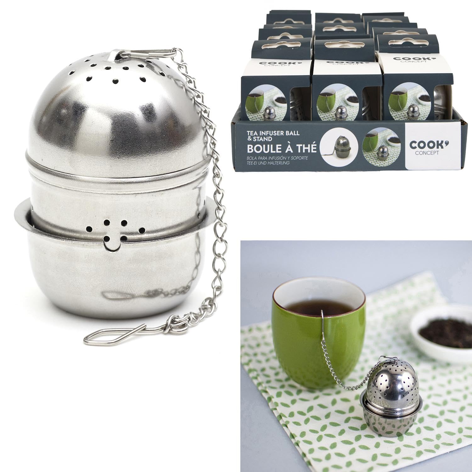 COOK CONCEPT - KA4564, Bola para Té con Soporte de Acero Inoxidable, Reutilizable, Diseñada para Té a Granel, Fácil de Limpiar, Dimensiones: 4.5 x 4.5 x 6 cm, Plateado