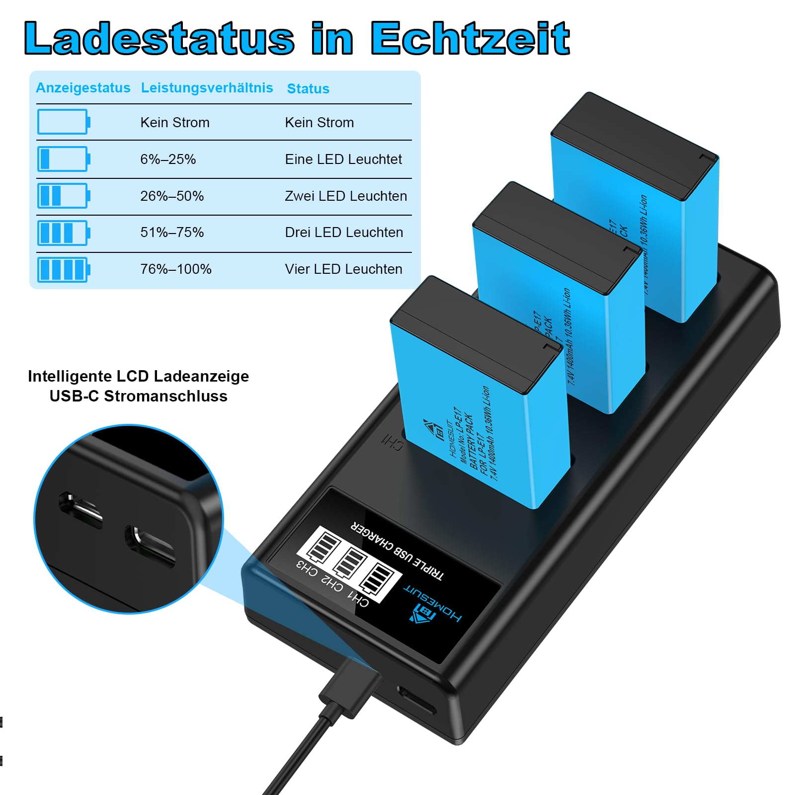 Hoesuit LP-E17 Akku 1300Ah und LED Dual USB Ladegerät für Canon Rebel