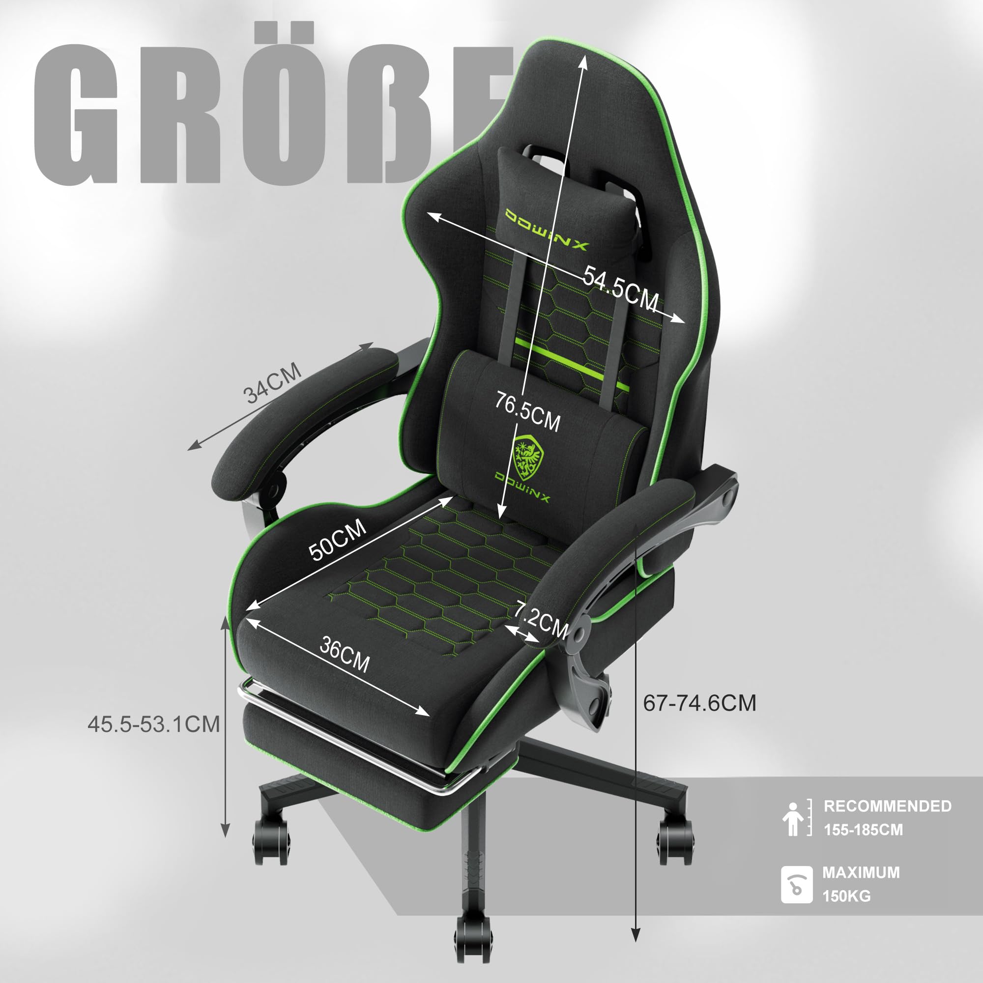 Dowinx Sedia da gioco, sedia da ufficio, in tessuto, per primavera, cuscino da gioco, in tessuto con poggiatesta, ergonomica, con poggiapiedi