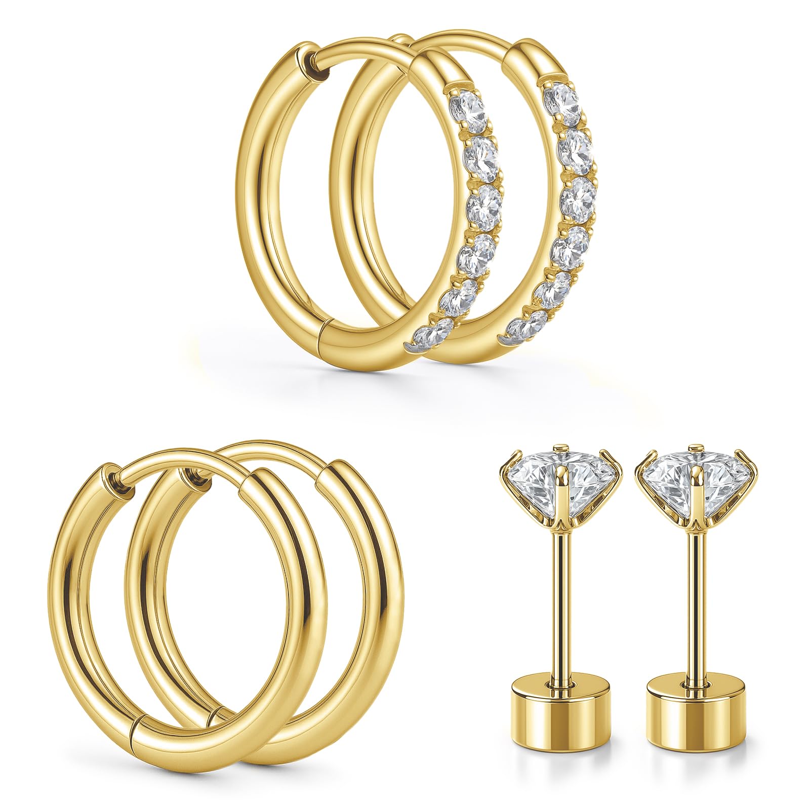 Silver Gold Stud Hoop Earrings Hypoallergenic Surgical Stainless Steel Small Cartilage Huggie Hoop Earrings Flat Back Earrings Screw
