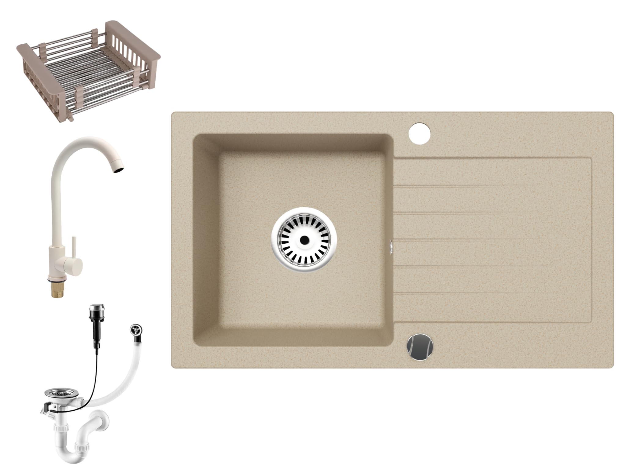 Faizee Home | Granitspüle 75x44 cm Beige – Beidseitig montierbare Einbauspüle aus Granit für moderne Küchen | Inkl. farblich passender Armatur, Spülkorb & Siphon-Set