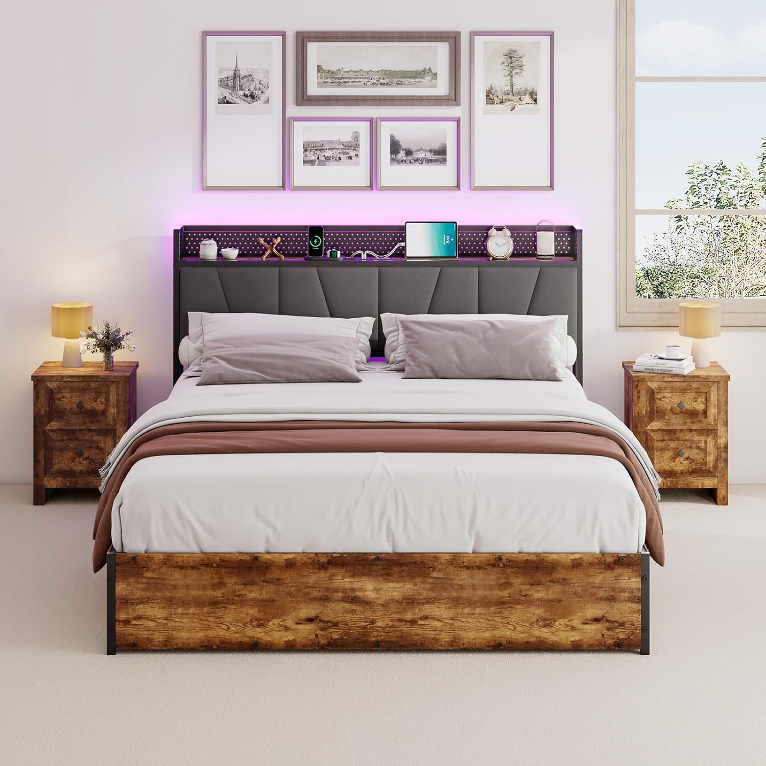 Queen Size Lift Up Storage Bed Frame with RGBW LED Lights, Linen Upholstered Headboard with Charging Station, Wooden LED Light Platform Bed Frame, No Spring Box Needed/Noise Free, Rustic Brown