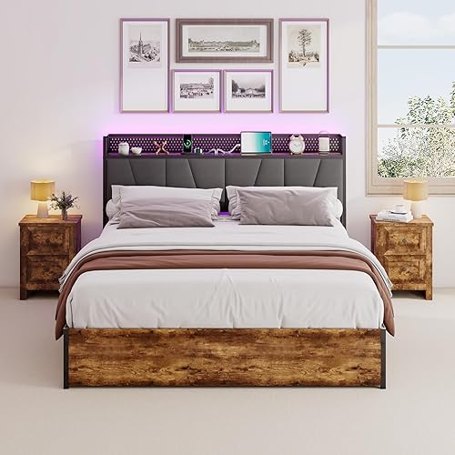 Miniatura 25 de Base de cama de almacenamiento elevable de tamaño matrimonial con luces LED, cabecera tapizada de lino con estación de carga, marco de cama de
