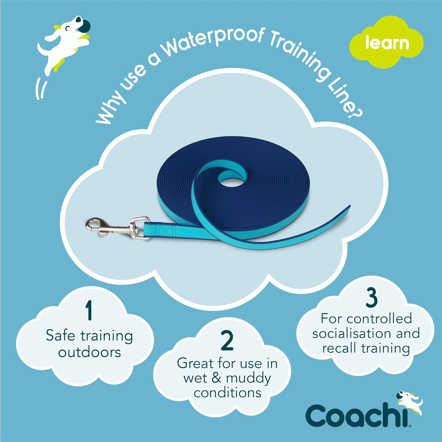 Coachi Training Line 10m Safe Training Outdoors, Recall Training, Dog & Puppy Socialisation, Lightweight, Waterproof, Perfect for Stopping Chasing. Suitable for Medium & Large Dogs & Puppies