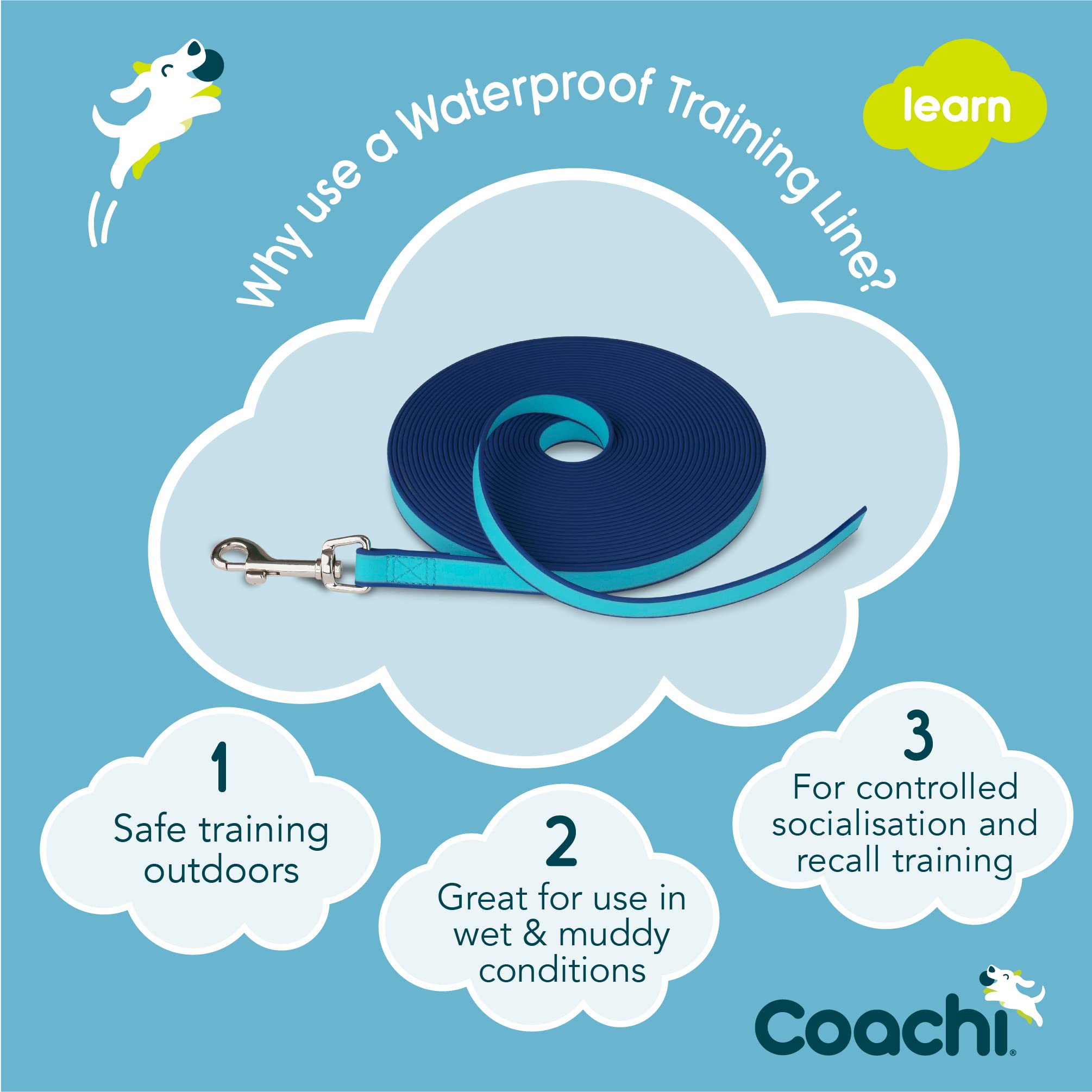 Coachi Wodoodporna Długa Linka Treningowa dla Psów | 10m | Łatwa w czyszczeniu długa smycz dla psa | Idealna na błotniste spacery, plażę i wyprawy w każdych warunkach pogodowych