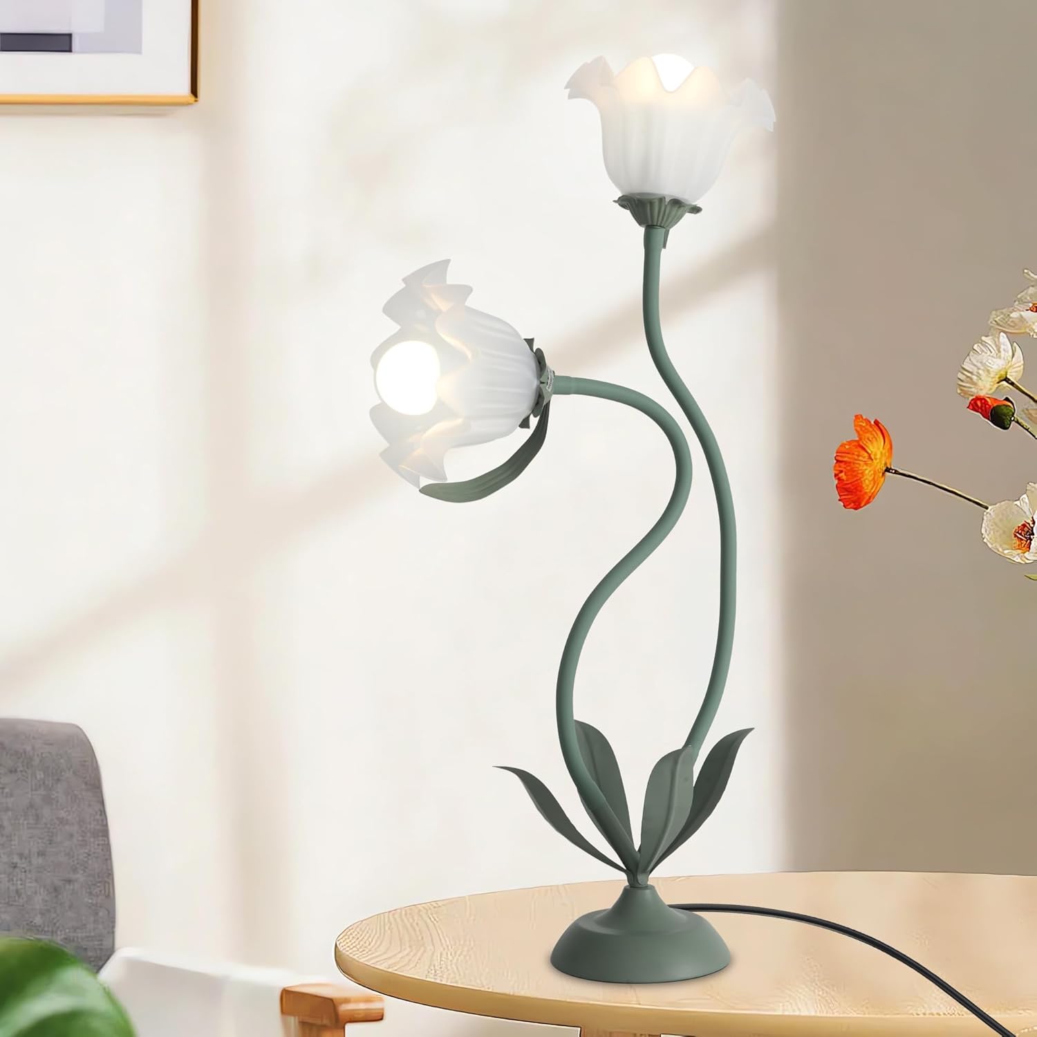 Vintage Flower Table Lamp Cute Lily Bedside Table Lamps, 3 Colors Modes Flower Desk Lamp Bedroom Green Floral LED Reading Light, E26 Bulbs Adjustable Flexible DIY Floral Nightstand Light Decor