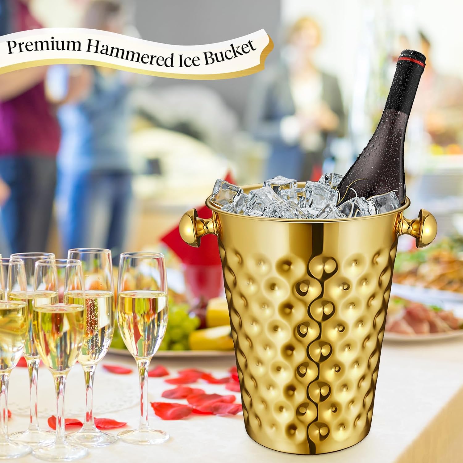Gold Champagne Ice Bucket 5-Quart(4.7 L) Metal Doublewall Hammered Stainless Steel Wine Bucket for Bar, Party, Wedding, Banquet, Outdoor BBQ(Straight Mouth)