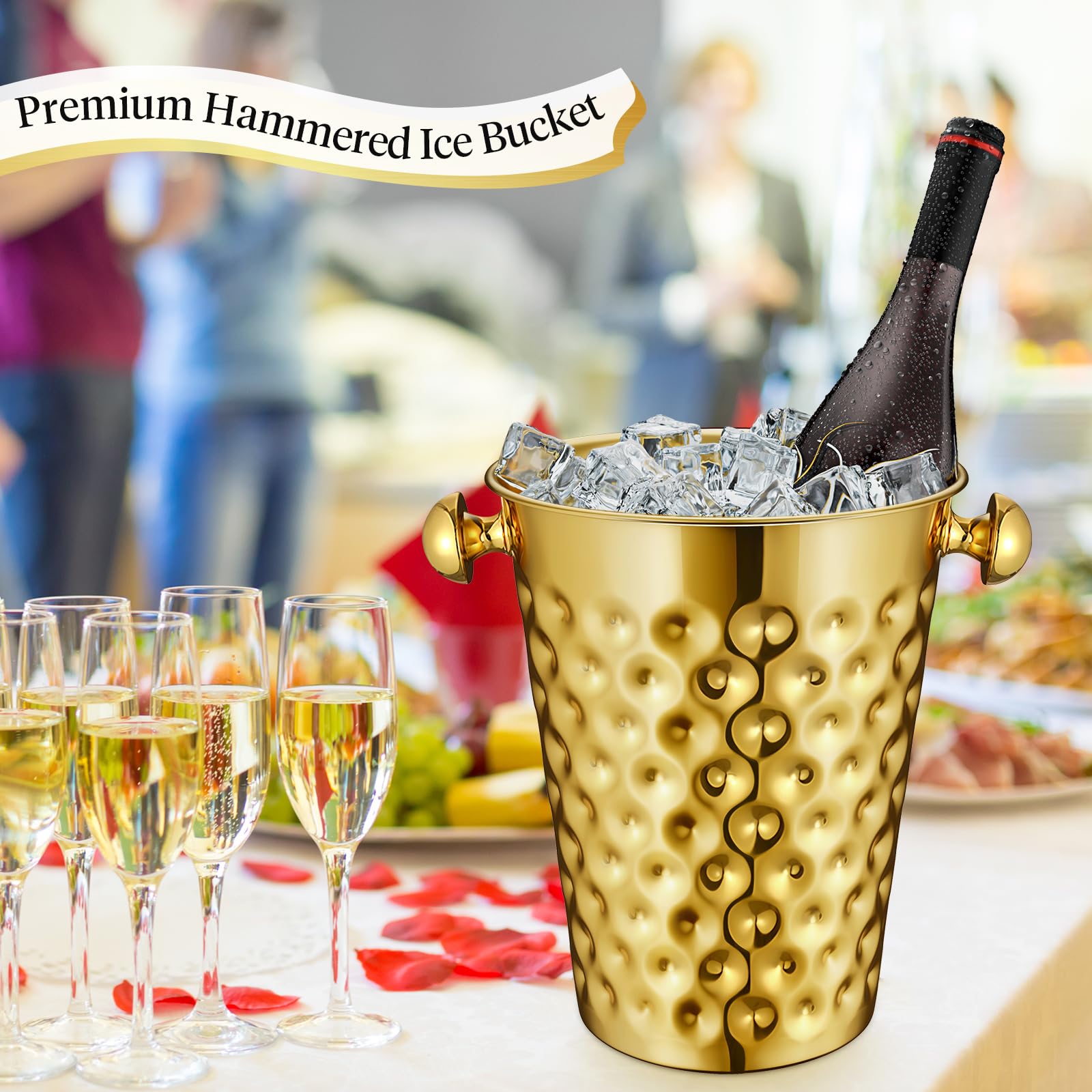 Cubo de hielo dorado champán de 5 cuartos (4.7 L) de metal de doble pared martillado de acero inoxidable para bar, fiesta, boda, banquete, barbacoa al aire libre (boca recta) 6