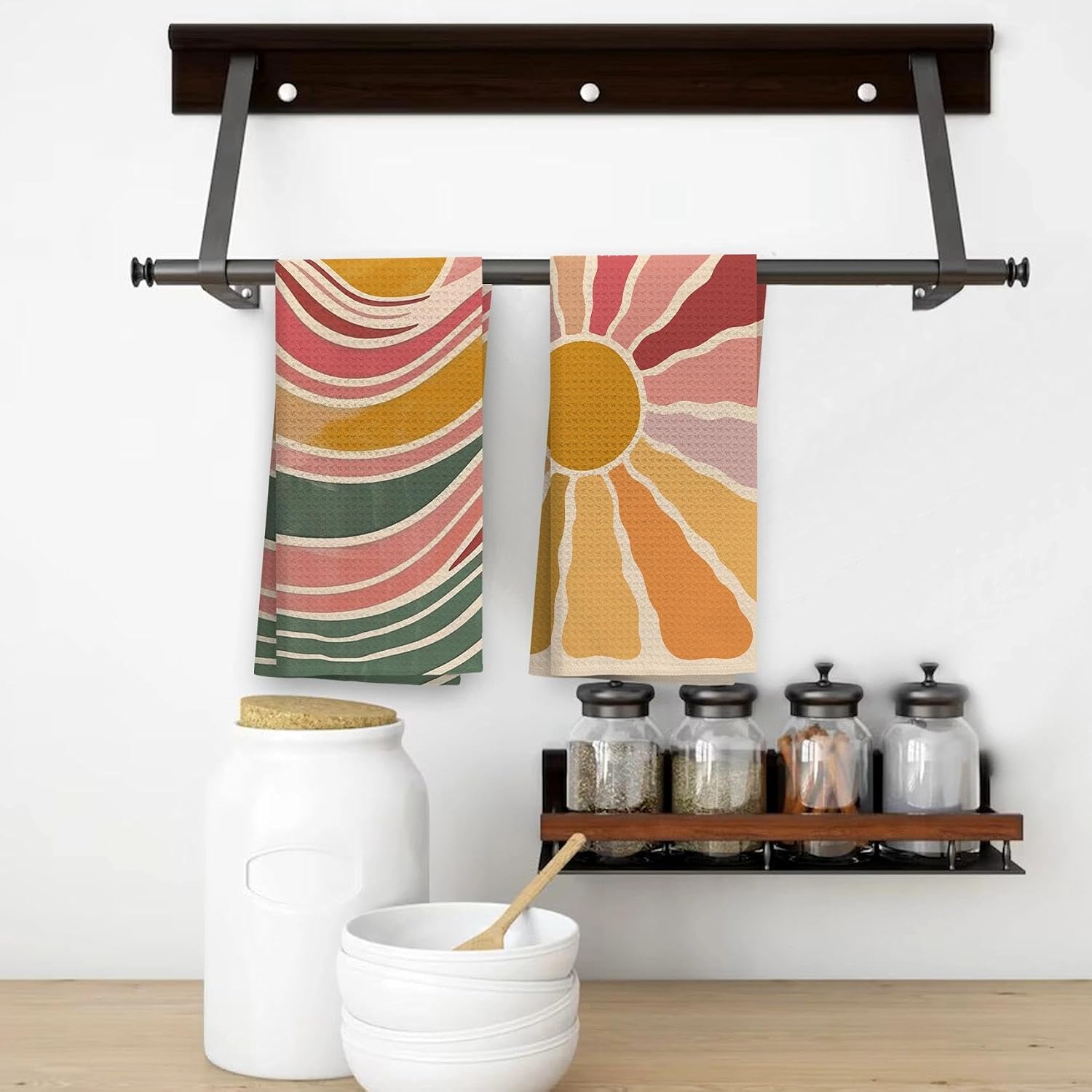 OHSUL Retro Boho Sunshine Abstract Kitchen Towels Dish Towel Dishcloth Set of 2, Mid Century Modern Minimalist Boho Hand Tea Towel for Bathroom Kitchen Decor, 16x24 Inches