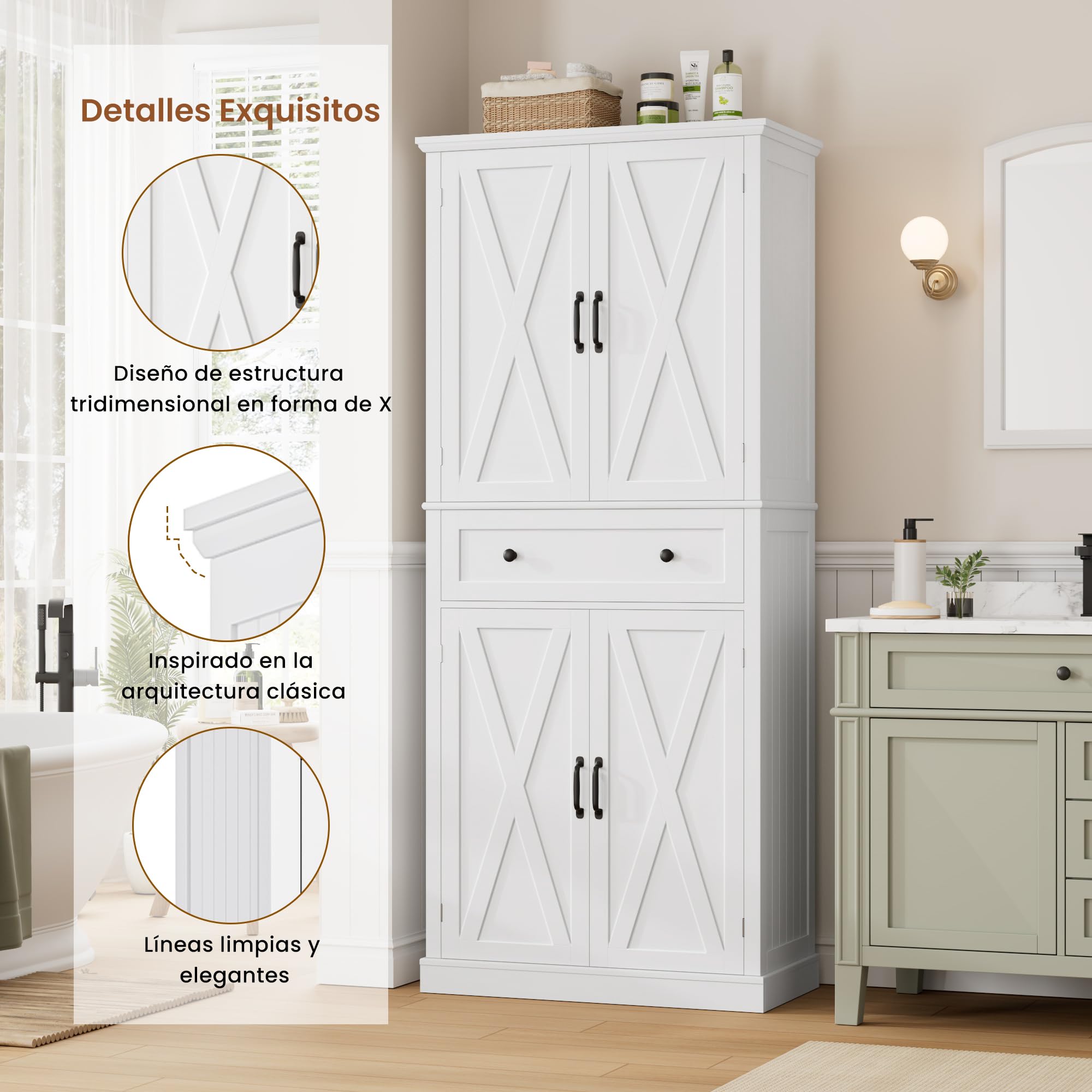 FirFurd Alacena de Cocina, Aparador Cocina, Armario Almacenaje, 5 Estantes | Armario Despensa Cocinas, 4 Puertas, 1 Cajón, para Comedor, Baño, Blanco, 78x40x181,5cm