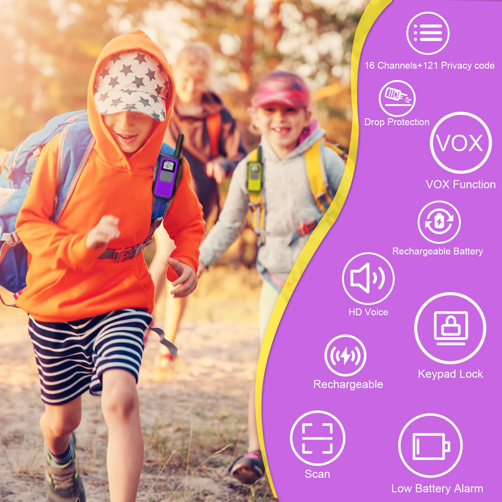 Walkie Talkies for Adults Kids, 3 Pack Rechargeable Walkie Talkies with 1200mAh Battery, Long Range 16 Channels Radios, Walky Talky with USB-C Cable, VOX-Hands free for Outdoor Camping Hiking — view 4