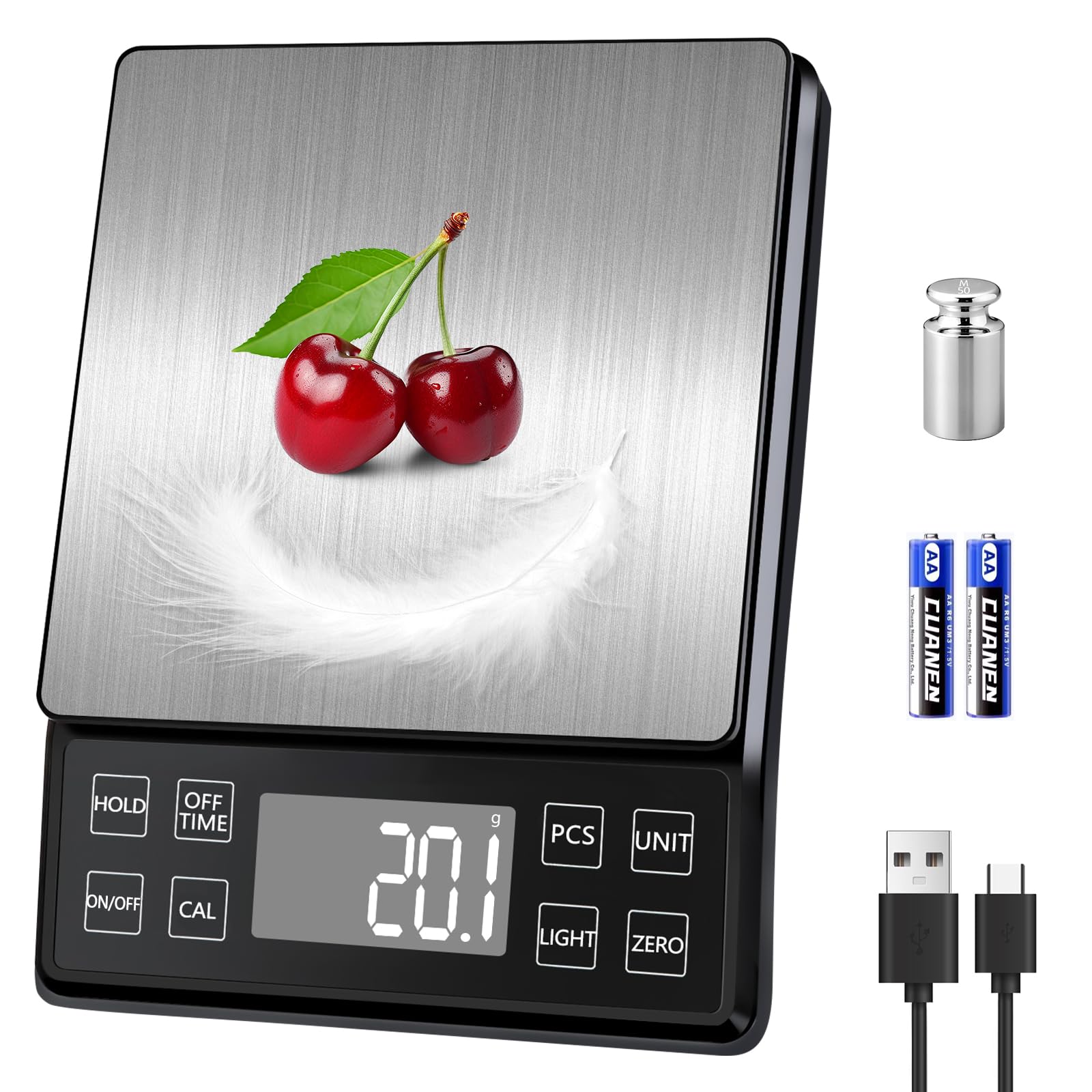 Báscula digital de alimentos con alta precisión de 0.01 onzas, capacidad de 11 libras/5 kg, recargable por USB-C, LCD con retroiluminación, sartén de acero inoxidable, báscula de cocina para cocinar