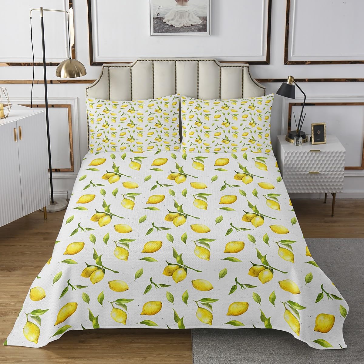 Feelyou Lemon Print Coverlet Set Queen Size Lemon Botanical Bedspread for Kids Boys Girls Decor Leaf Quilted Coverlet Microfiber Summer Fruit Quilted Bedroom