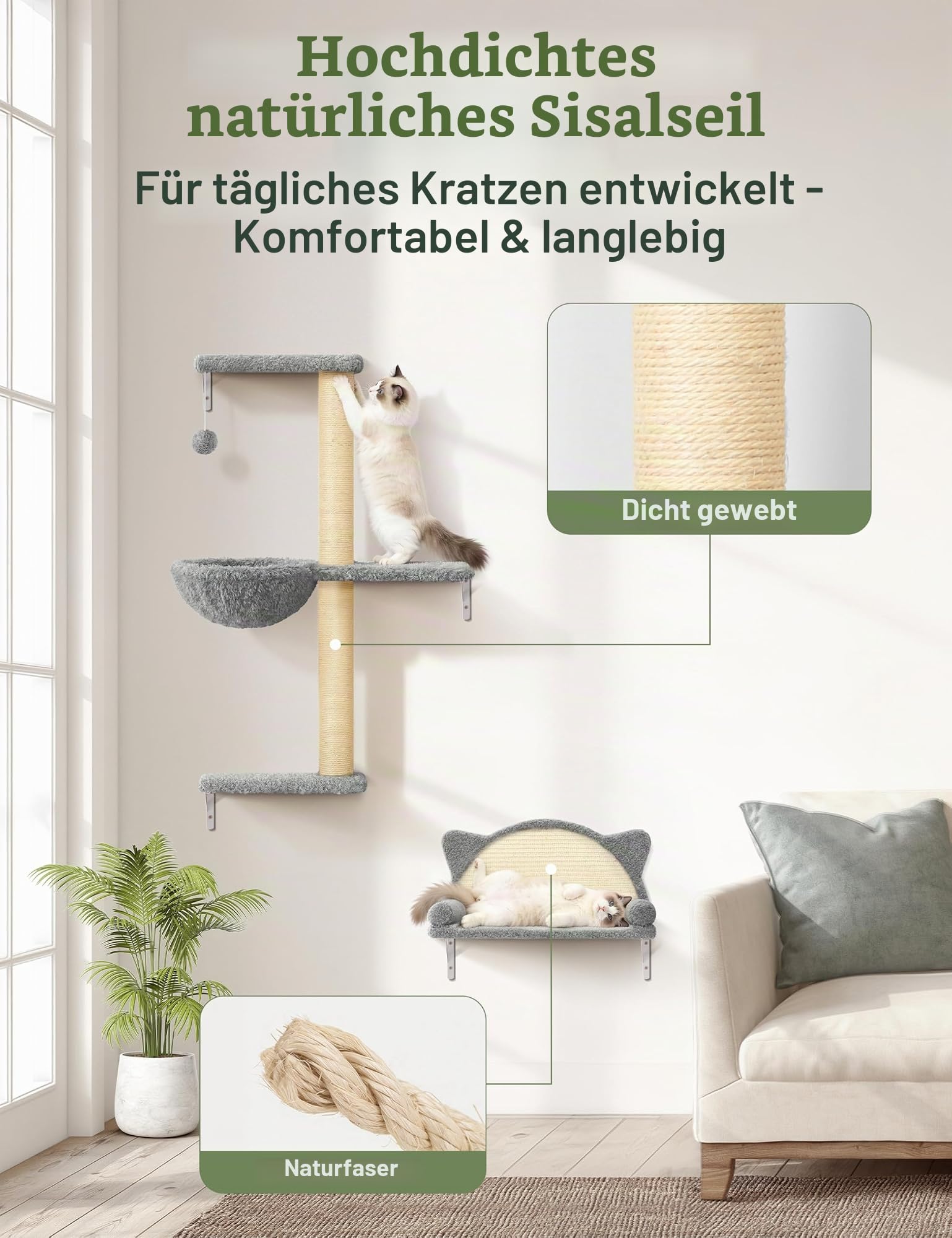 5-in-1 Katzen Kletterwand Katzenkletterwand mit Hängematte | 10-Teiliges Set mit Hängebett für Katzen bis 20 kg
