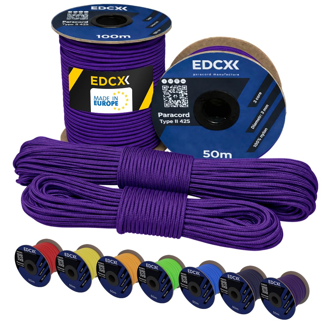 EDCX 3mm Nylon Paracord 425 (50 und 100m) - Typ II, 100% Nylonseil, 3 Litzen Seil, 3mm Nylonseil in vielen Farben| Solid Color (Purple, 100 m)