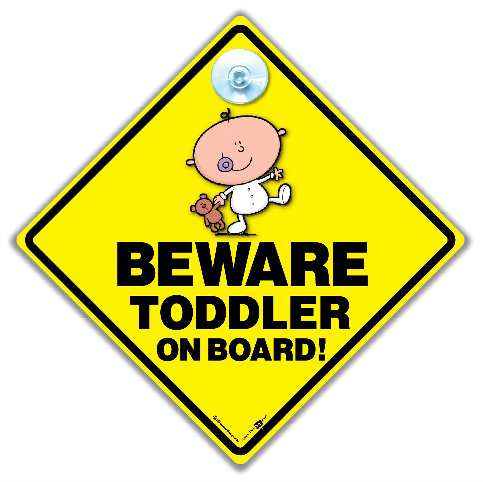 Beware Toddler on Board Car Sign with Suction Cup, Yellow Diamond Child in Car Funny Vehicle Notice, 14cm