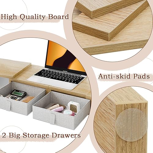 Miniatura 3 de TEAMIX Soporte elevador de monitor doble, soporte de monitor blanco ajustable de longitud y ángulo con 2 cajones para almacenar gran elevador de