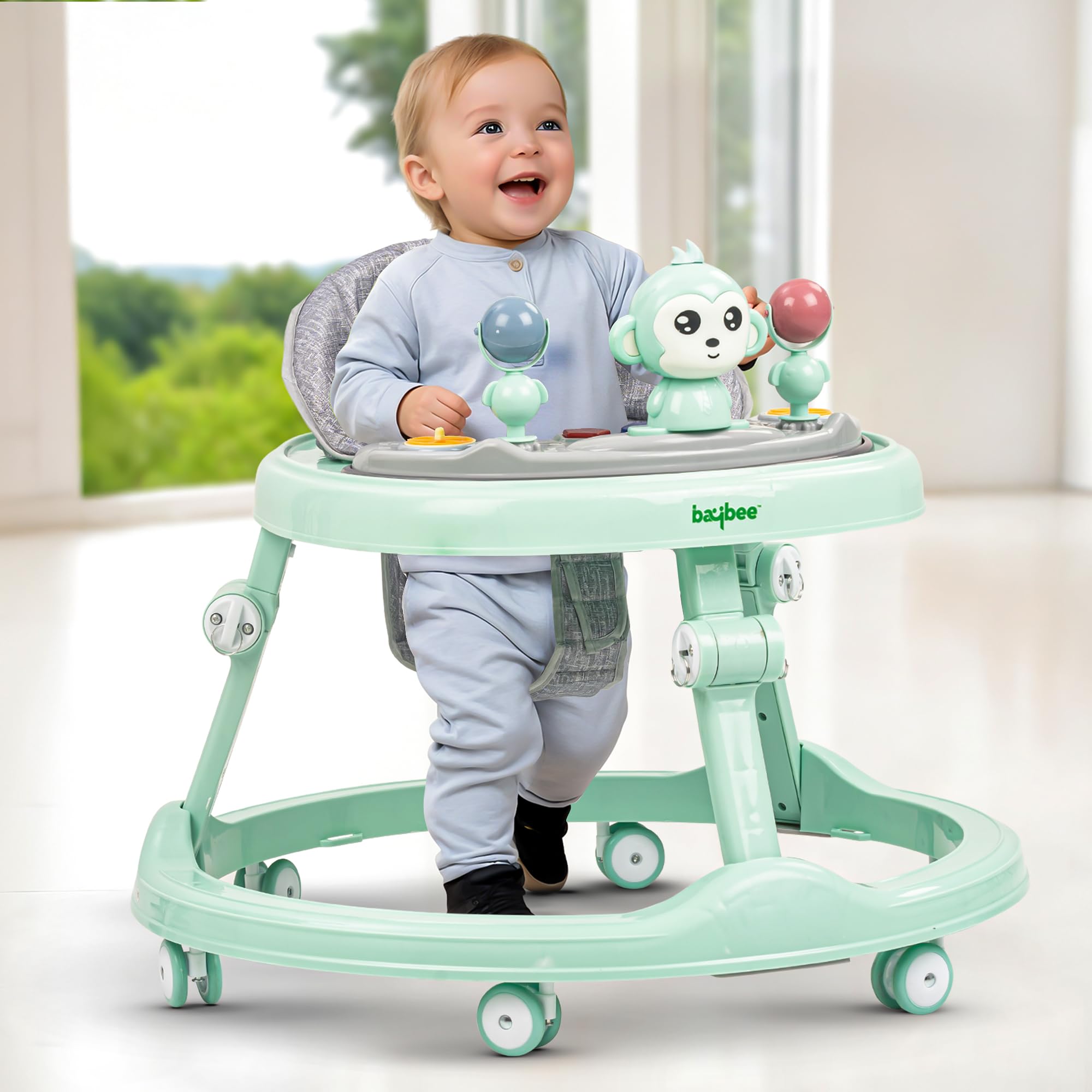 Baybee Baby Walker for Kids with 4-Level Height Adjustment, Foldable Design, Food Tray & Musical Toy Bar | Round Activity Walker for Babies 6–18 Months