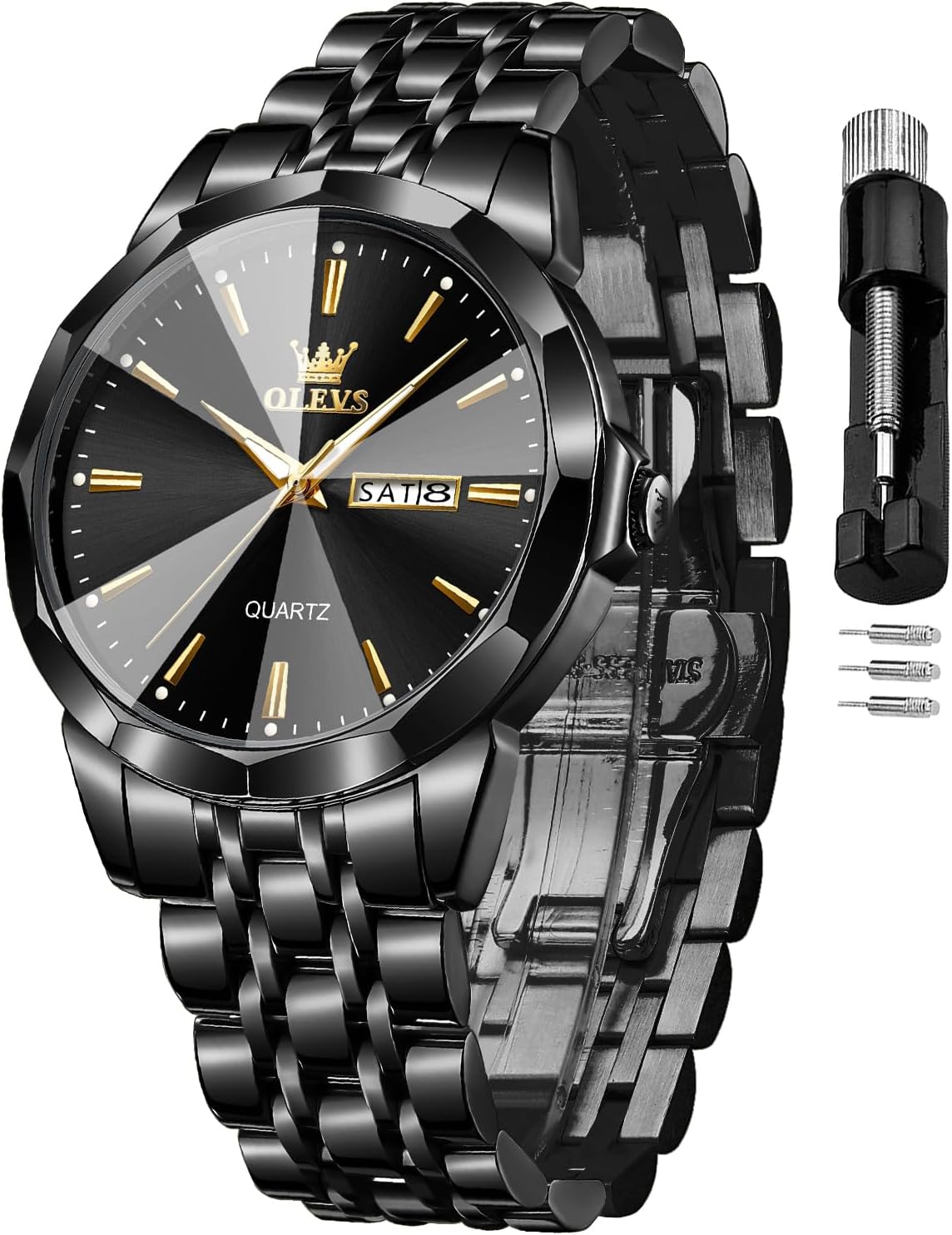 – Men's Watch Luxury Business Dress Watch UK Diamond Design Quartz Stainless Steel Waterproof Luminous Week Calendar Gift