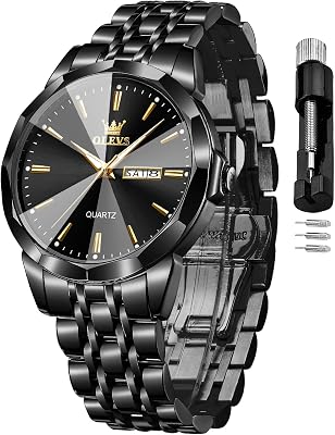 OLEVS Men’s Watch Luxury Business Dress Watch UK Diamond Design Quartz Stainless Steel Waterproof Luminous Week Calendar Gift