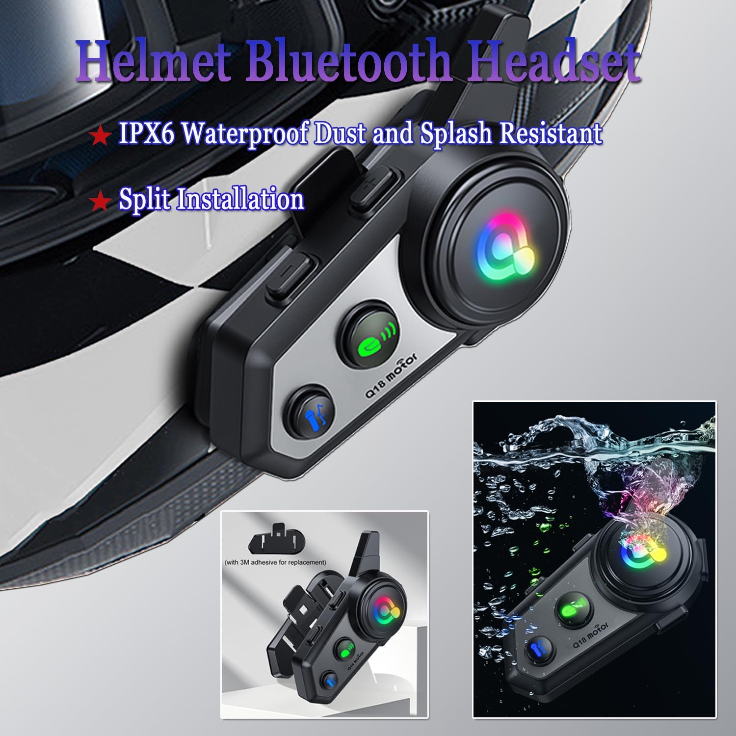 ZHIDUOXING Q18 頭盔藍牙耳機安裝在頭盔上，突出了 IPX6 防水和分離式安裝功能。