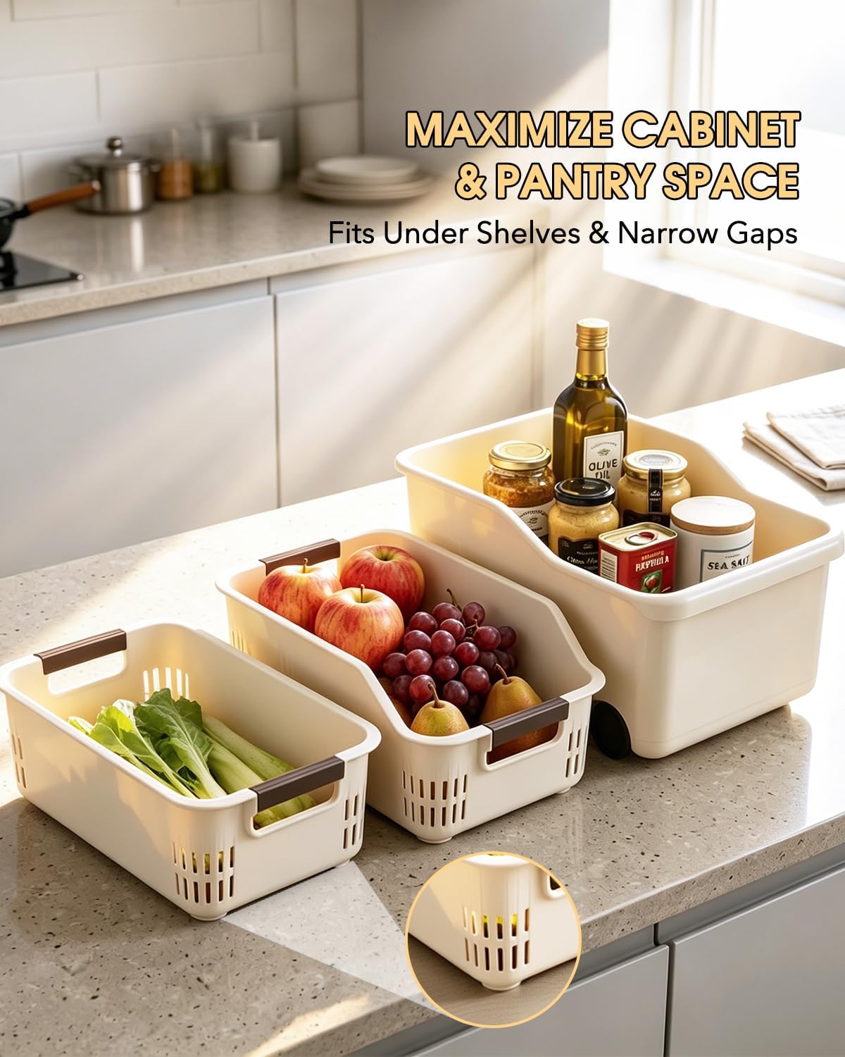 3 Pack PP Storage Bins, 1 Plastic Bin with Wheels & Handle for High Cabinet, 2 Small Baskets Kitchen Bathroom, Home Organizer