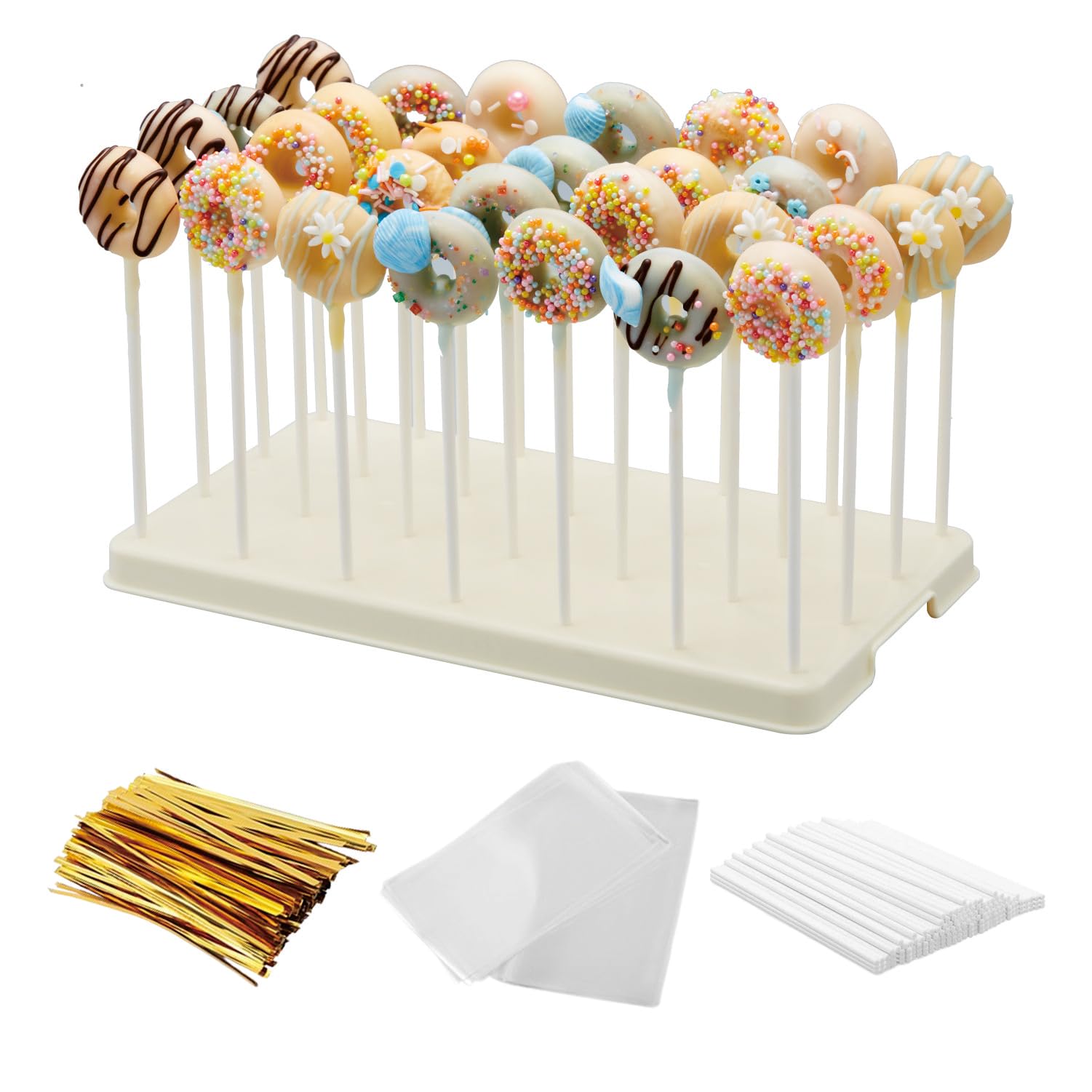 Taihuimy Beige 28 Holes Cake Pop Stand And Wrappers Set, Lollipop Hold Stand, Candy Pop Holder With 100 Pcs Cake Pop Sticks, 100 Pcs Treat Bags, 100 Gold Twist Ties (Beige)