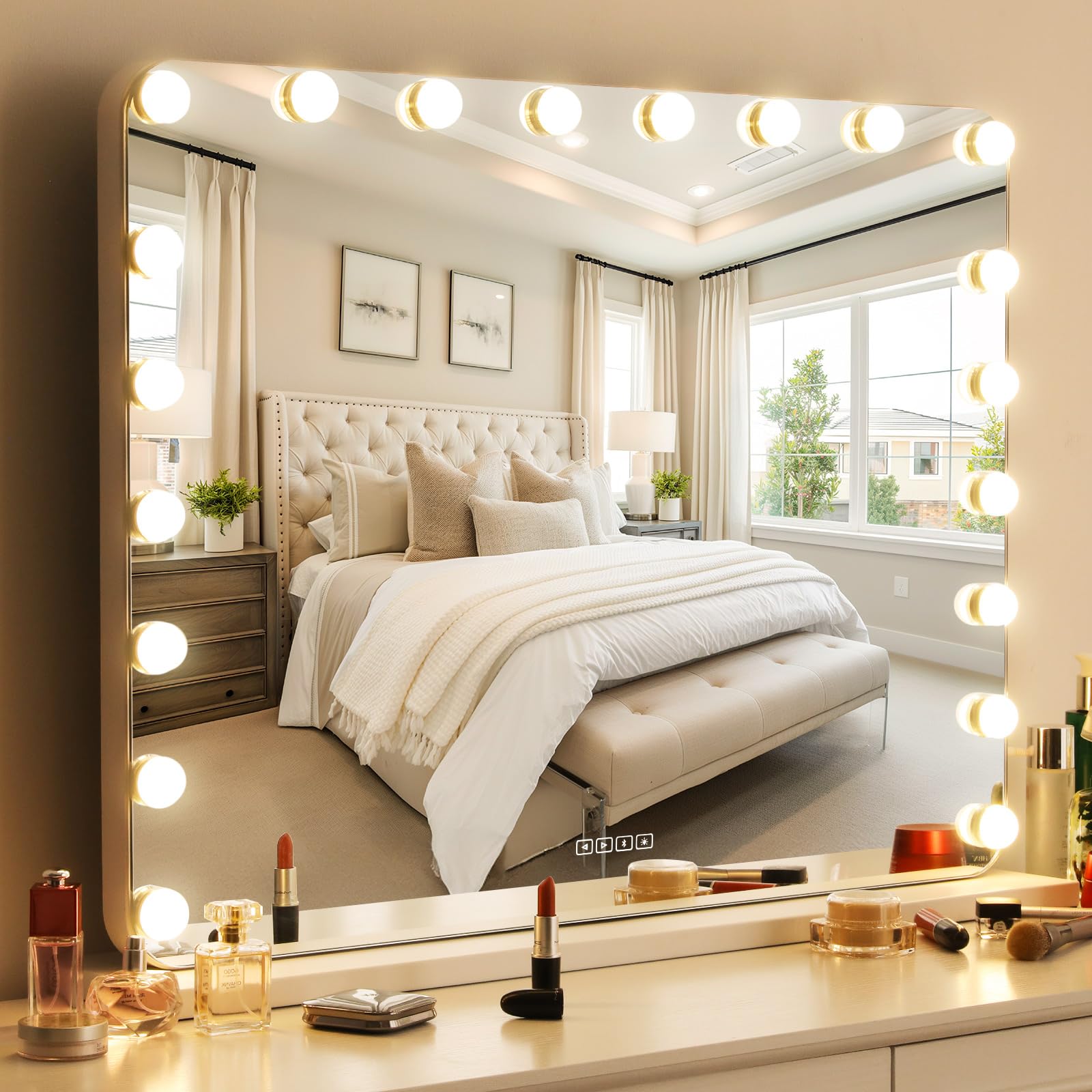 MAMIZO Espejo de Maquillaje con Iluminación y Bluetooth,80x60cm,Hollywood Espejo Maquillaje con Luz,20 LED Regulable, 3 Colores de luz,USB,Lupa 10x,Espejo de Mesa,Espejo Tocador,Blanco