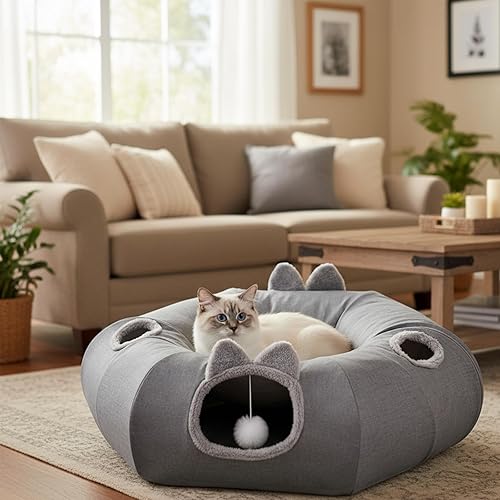 Miniatura 7 de Odoland Túneles de lino de verano para gatos de interior con cama central de enfriamiento, juguetes interactivos para gatos, tapete suave Gris