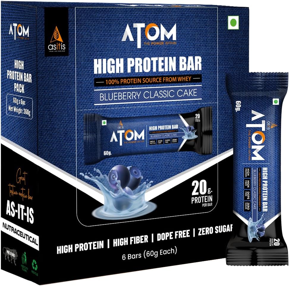 AS-IT-IS ATOM High Protein Bar | Zero Transfat | Zero Added Sugar | Whey Protein Concentrate, Isolate & Hydrolysate as Protein Source | Pack of 6 (60g x 6) | Blueberry cake