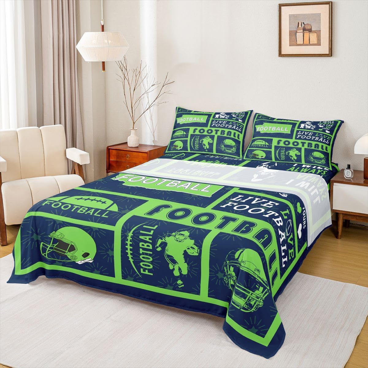 Erosebridal Football Sports Flat Fitted Sheet Twin Size Soccer Boys Sheet Set American Football Bed Sheets for Kids Teens Adult Men Soccer Helmet Bedding Sets,Dark Blue Green