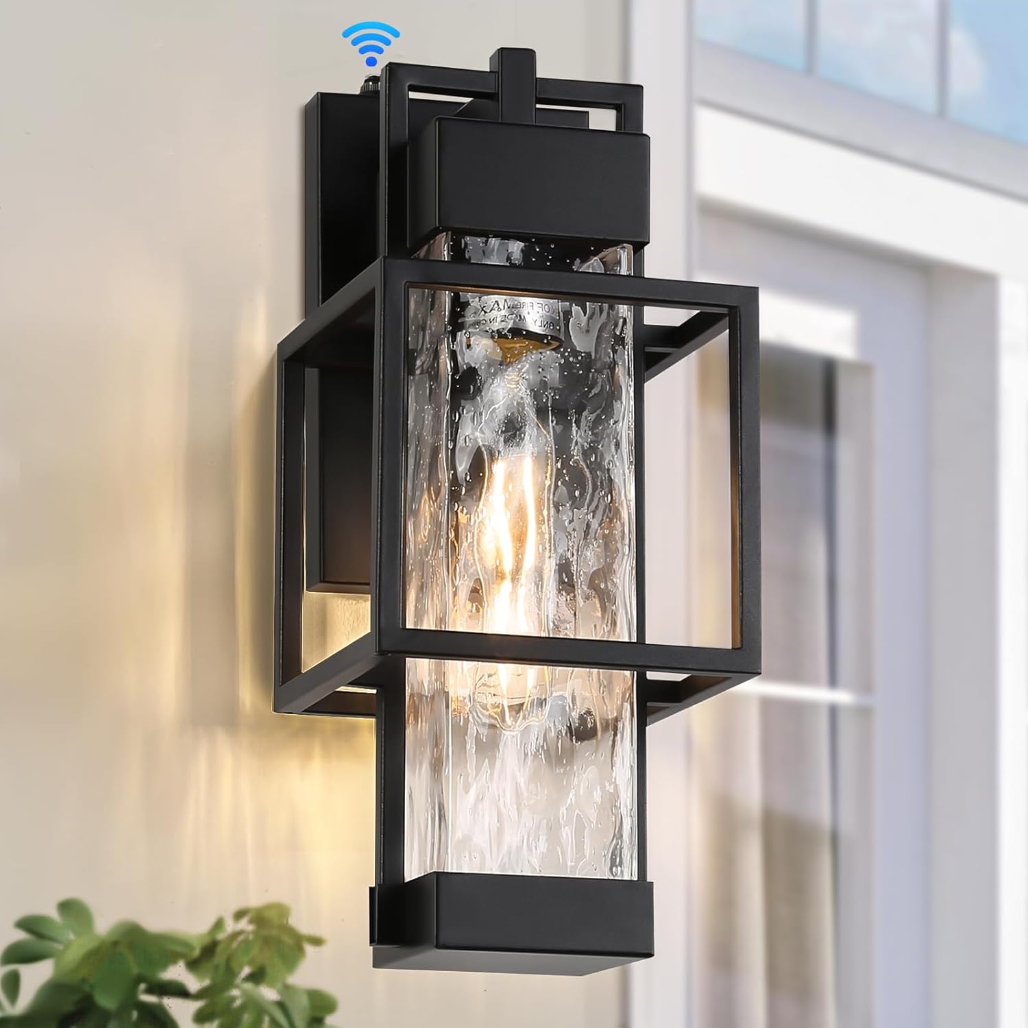 SHIMR Outdoor Wall Lights Dusk to Dawn Light Fixture with Water Glass, Modern Outdoor Sconce Lights 15" H Porch Lights with Black Finish, Waterproof Exterior Wall Light, Bulb Included