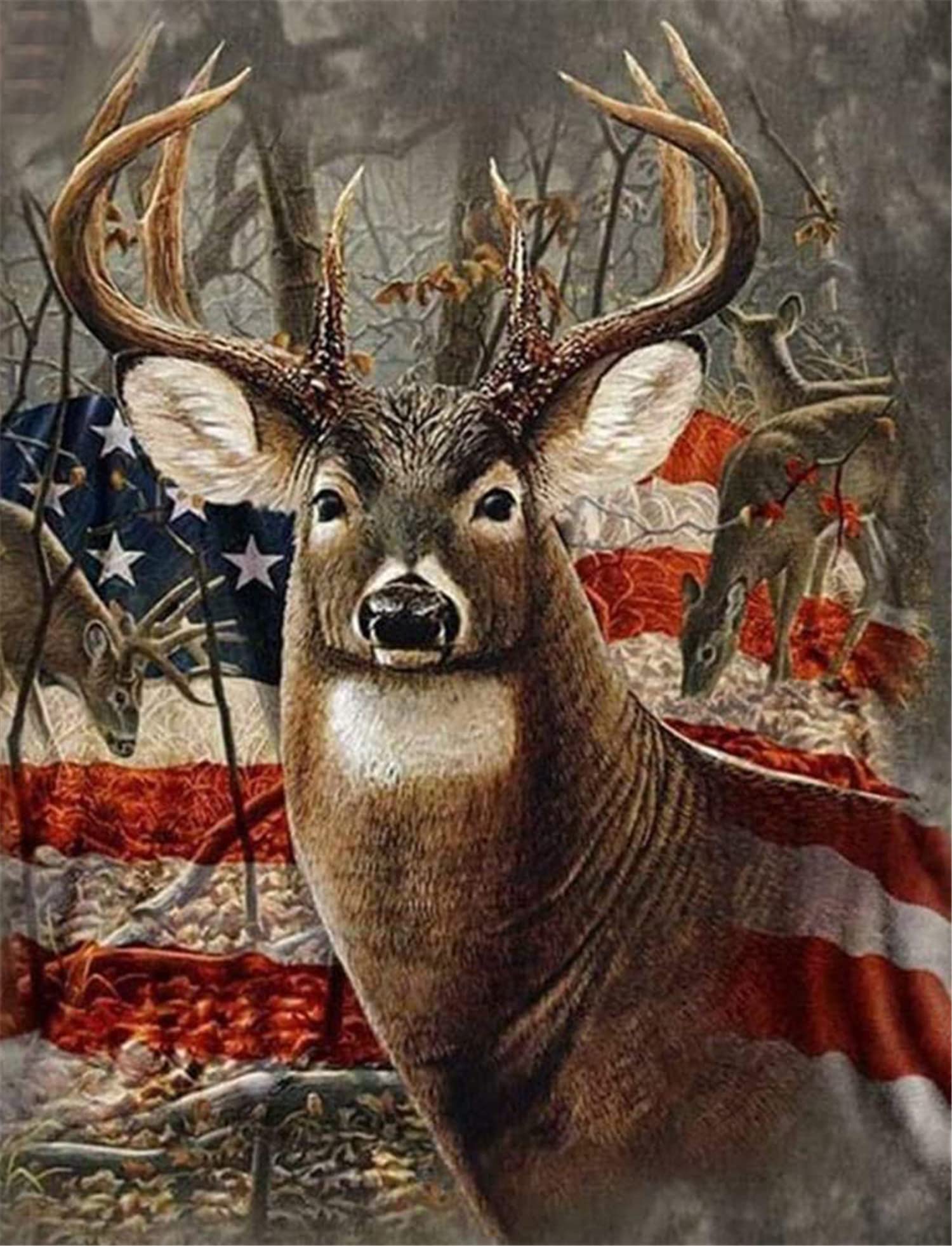 Cross Stitch Kits Stamped, OWN4B Deer and Flag Printed Pattern 11CT 14.2x18.1 inch DIY Embroidery Kit (Deer)