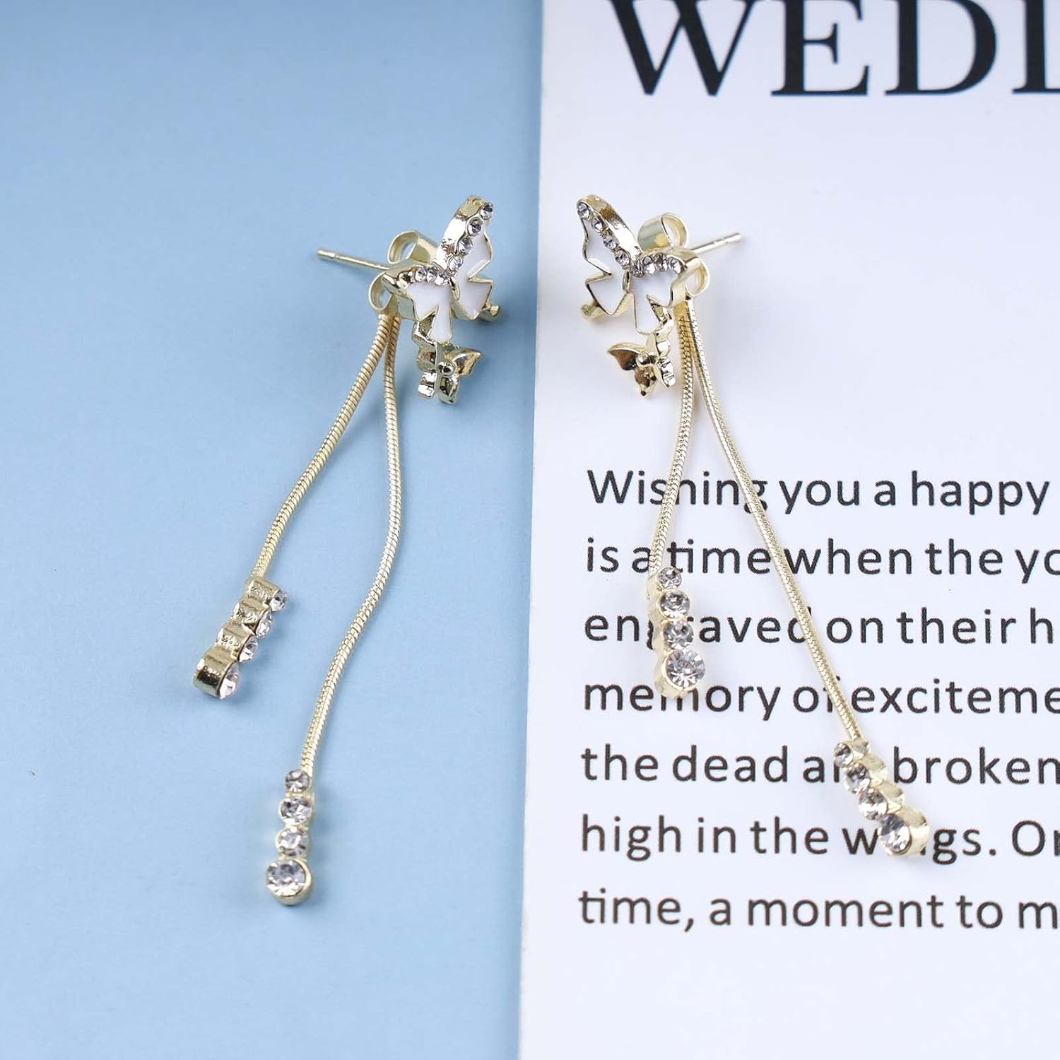 Vintage Acrylic Butterfly Crystal Earrings Gold Crystal Dangle Earrings Long Linear Rhinestone Earrings Wedding Cz Chain Drop Earrings Jewelry for Women - Image 6