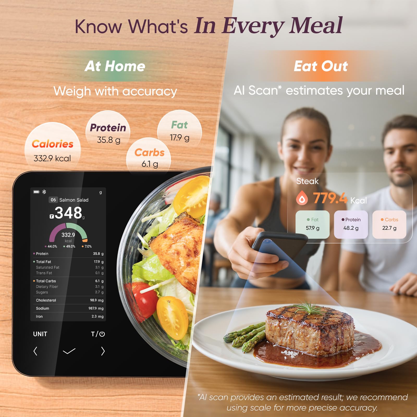 COSORI Bilancia da cucina intelligente Nutrilens, scala di conteggio delle calorie premium, scansione AI tramite app gratuita, traccia 19 nutrienti, informazioni sui nutrienti sullo schermo, USB-C