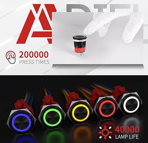 Miniatura 9 de APIELE Interruptor de botón con pestillo de 10 amperios de 0.748 in 110 V-220 V SPST LED impermeable redondo autobloqueo 1NO (acero inoxidable