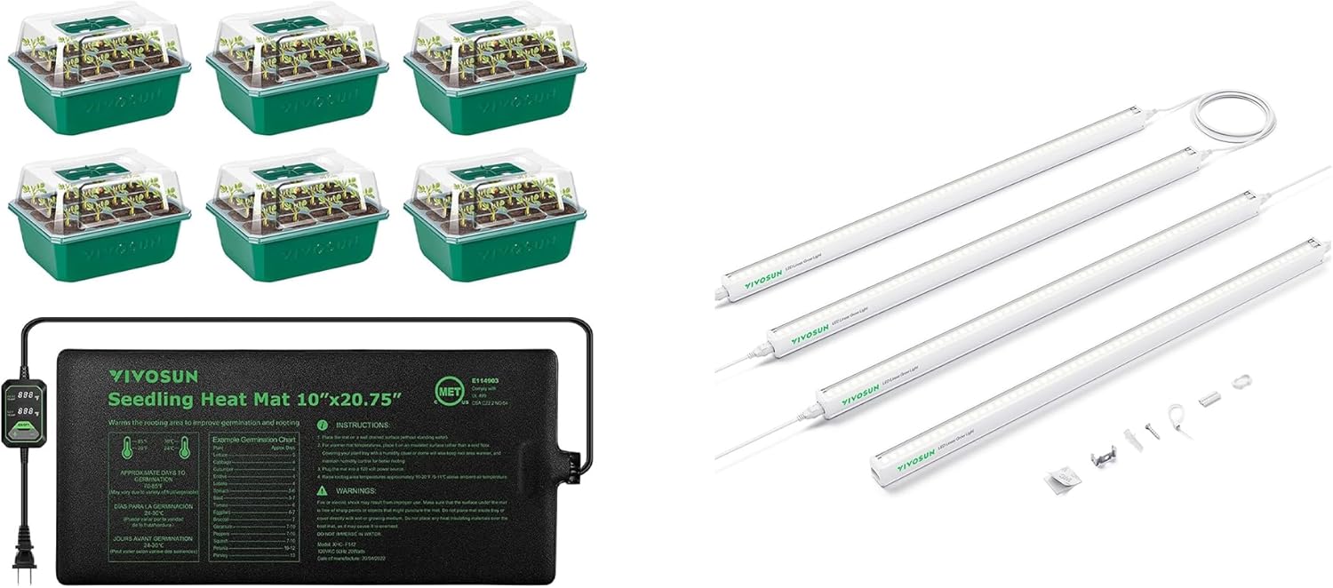 VIVOSUN 6-Pack Seed Starter Trays with 10"x20.75" Seedling Heat Mat and T5 Linear Grow Lights, 5000K Full Spectrum LED Grow Lights for Indoor Plants, SGS Compatible, 15W/Bar, 2ft, 4-Pack