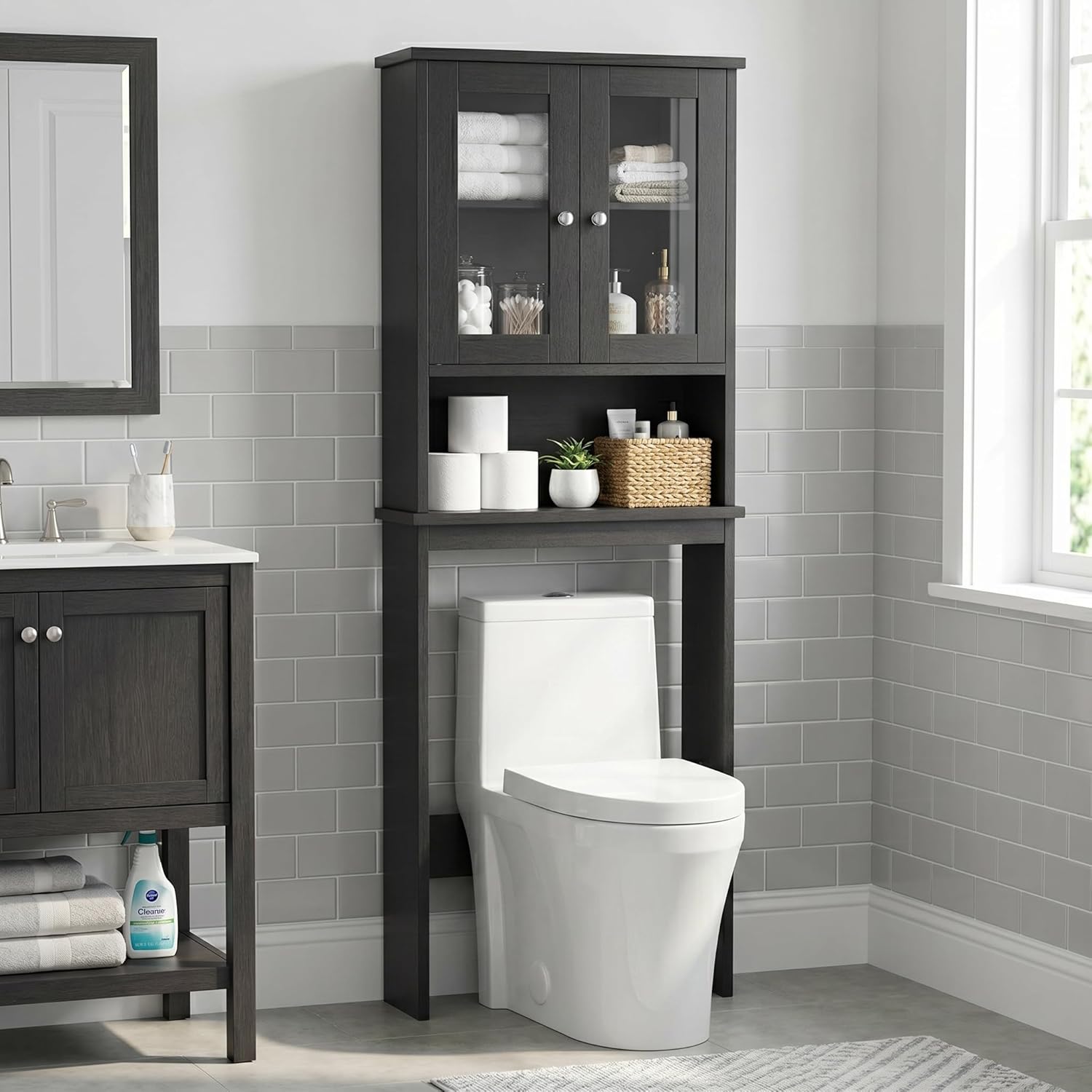 Nuturelly Over The Toilet Storage Cabinet, Bathroom Storage Organizer with Adjustable Shelves and Double Glass Doors, Freestanding Above Toilet Storage with Open Shelf, Wooden Toilet Rack(Black)