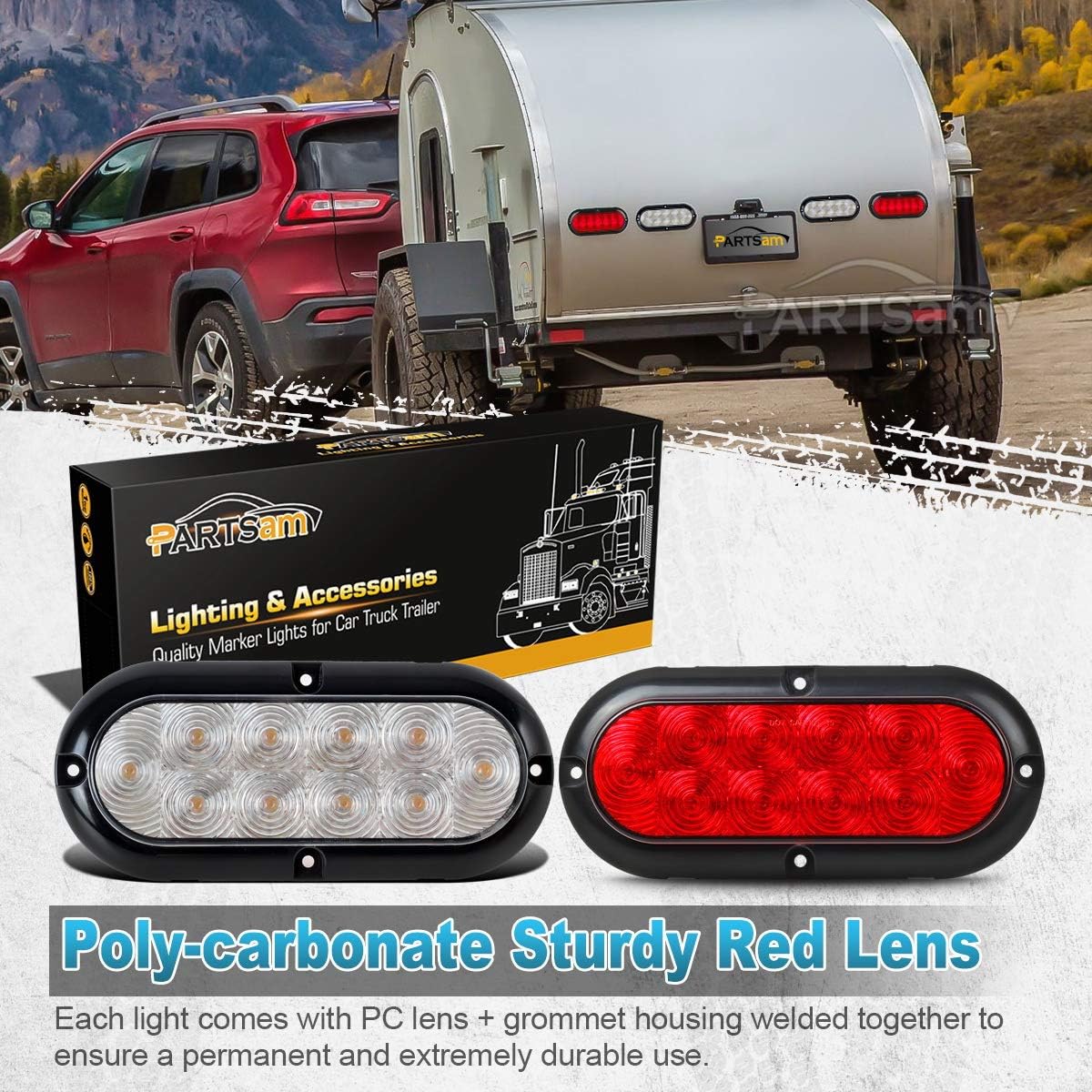 Partsam 4Pcs 6 Inch Oval Led Trailer Tail Lights Kit 10 LED Flange Mount Waterproof 12V Sealed RV Trucks Led Stop Brake Turn Reverse Back Up Trailer Lights Surface Mount (2Red+2White)