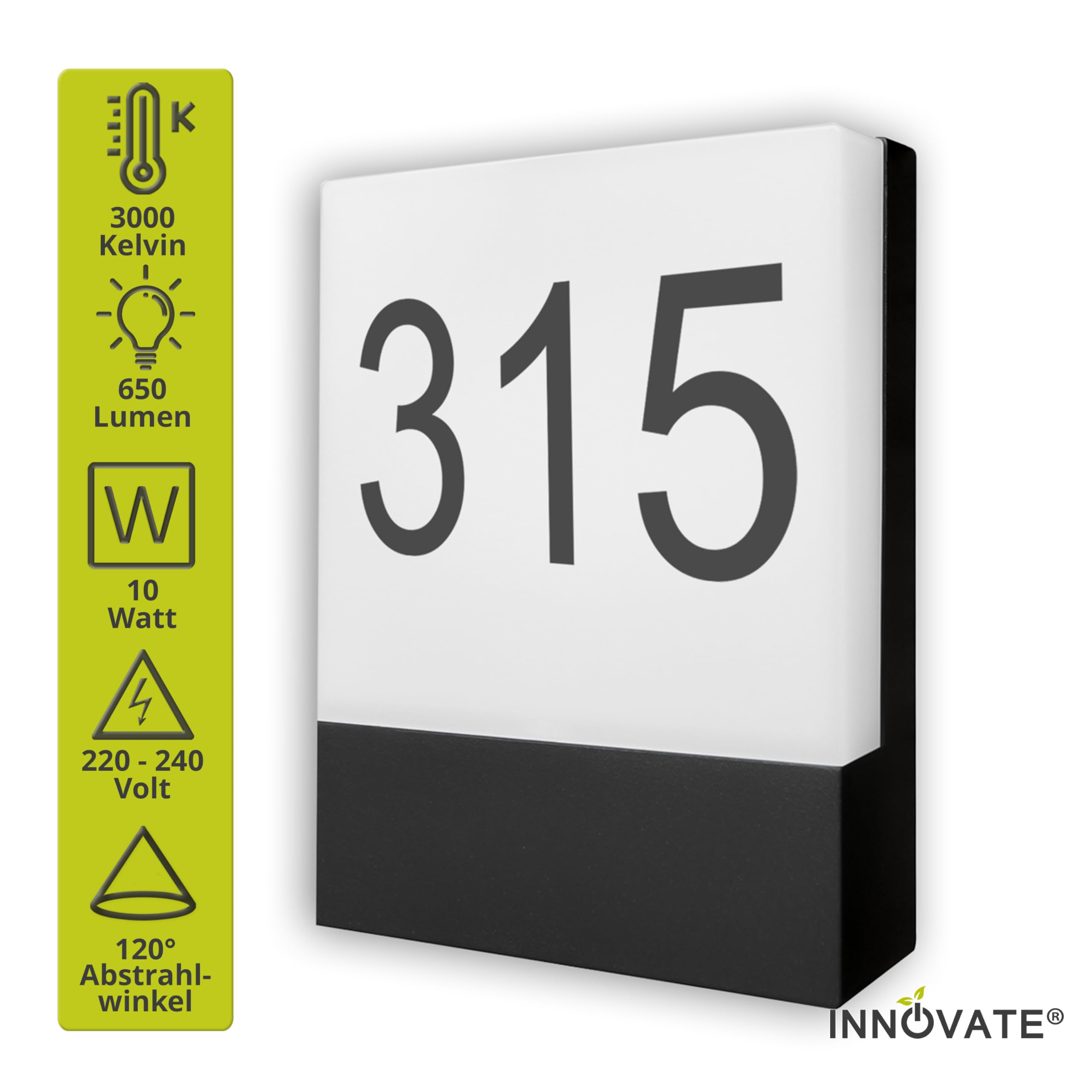 Innovate LED Hausnummer beleuchtet 230V – Außenleuchte - Wandlampe aussen schwarz – Witterungsbeständig nach IP54 - Warmweiß - inkl. Selbstklebeziffern