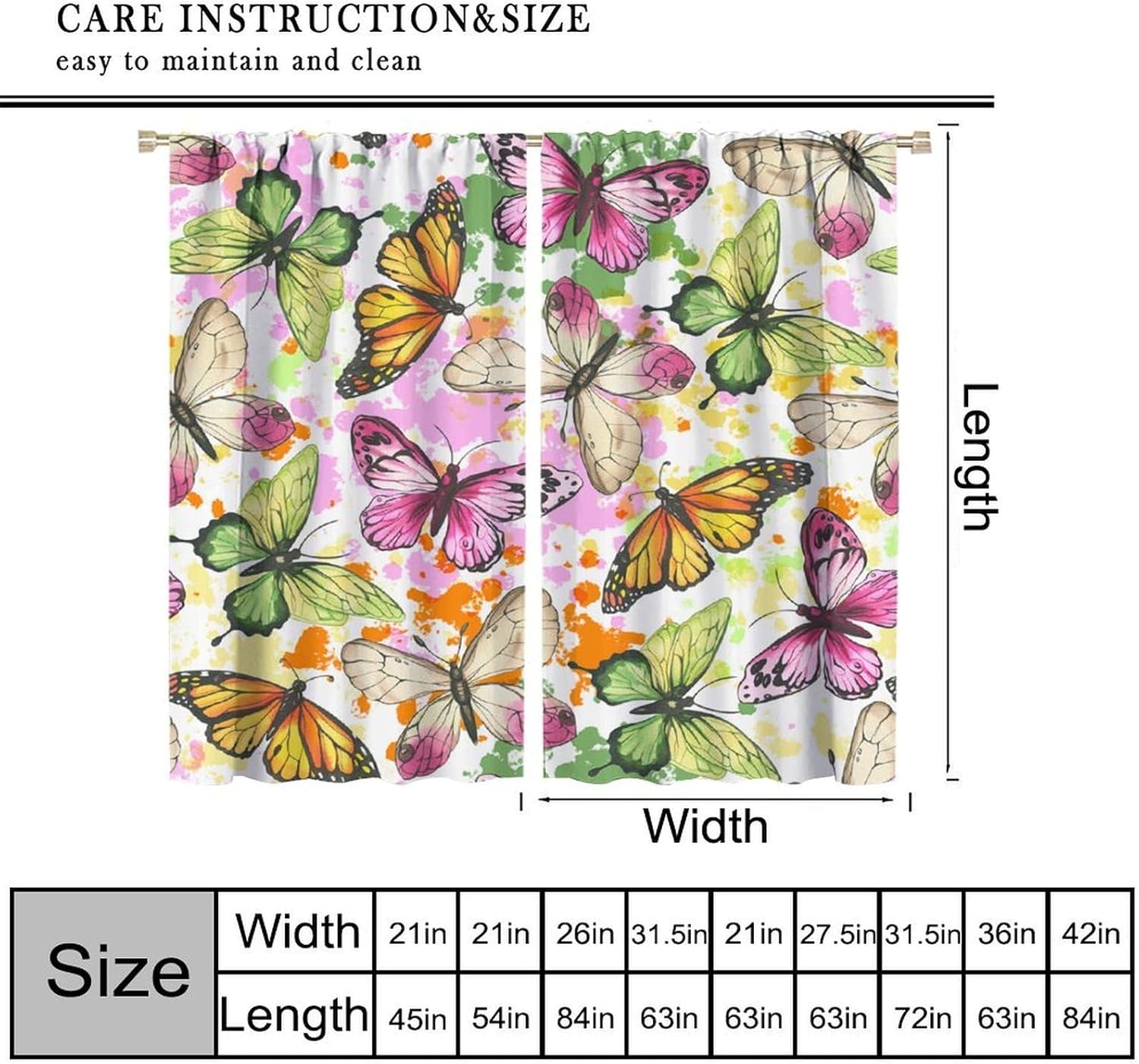 Butterfly Curtains Watercolor Colorful Pink Green Curtains Window Treatments for Kids Girls Bedroom Nursery Room Rod Pocket Windows Treatments Door, 72x63 Inch
