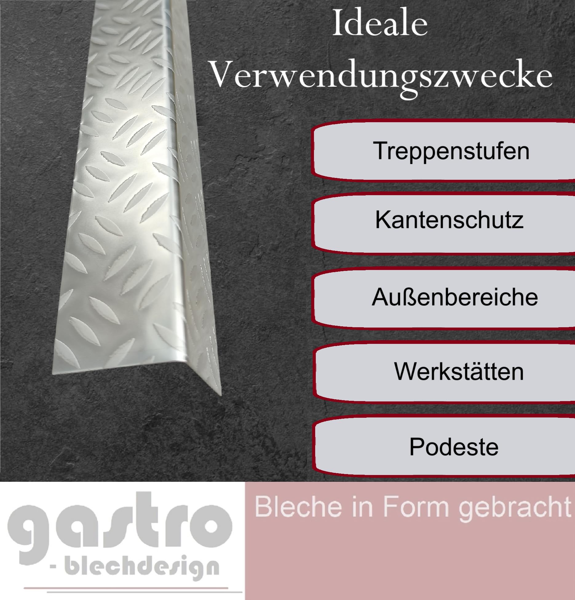 Treppenkantenprofil, 1500mm 90 Grad Winkelprofil 50x20 mm Schenkelinnenmaß aus Edelstahl Riffelblech Mandorla Trible 1mm Stufenkantenprofil, Treppenkantenschutz