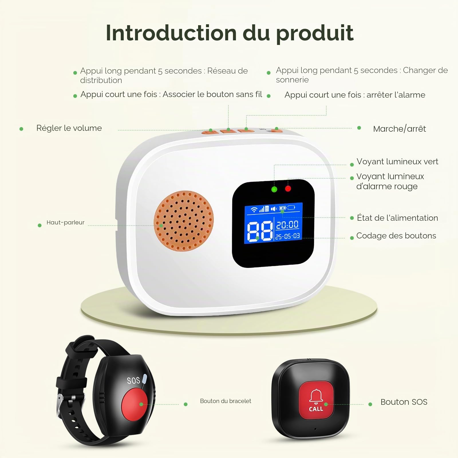 Bouton d'urgence pour personnes âgées, système d'alerte de sonnette d'urgence WiFi intelligent connecté au téléphone, système d'alarme domestique avec bracelet d'urgence pour patients