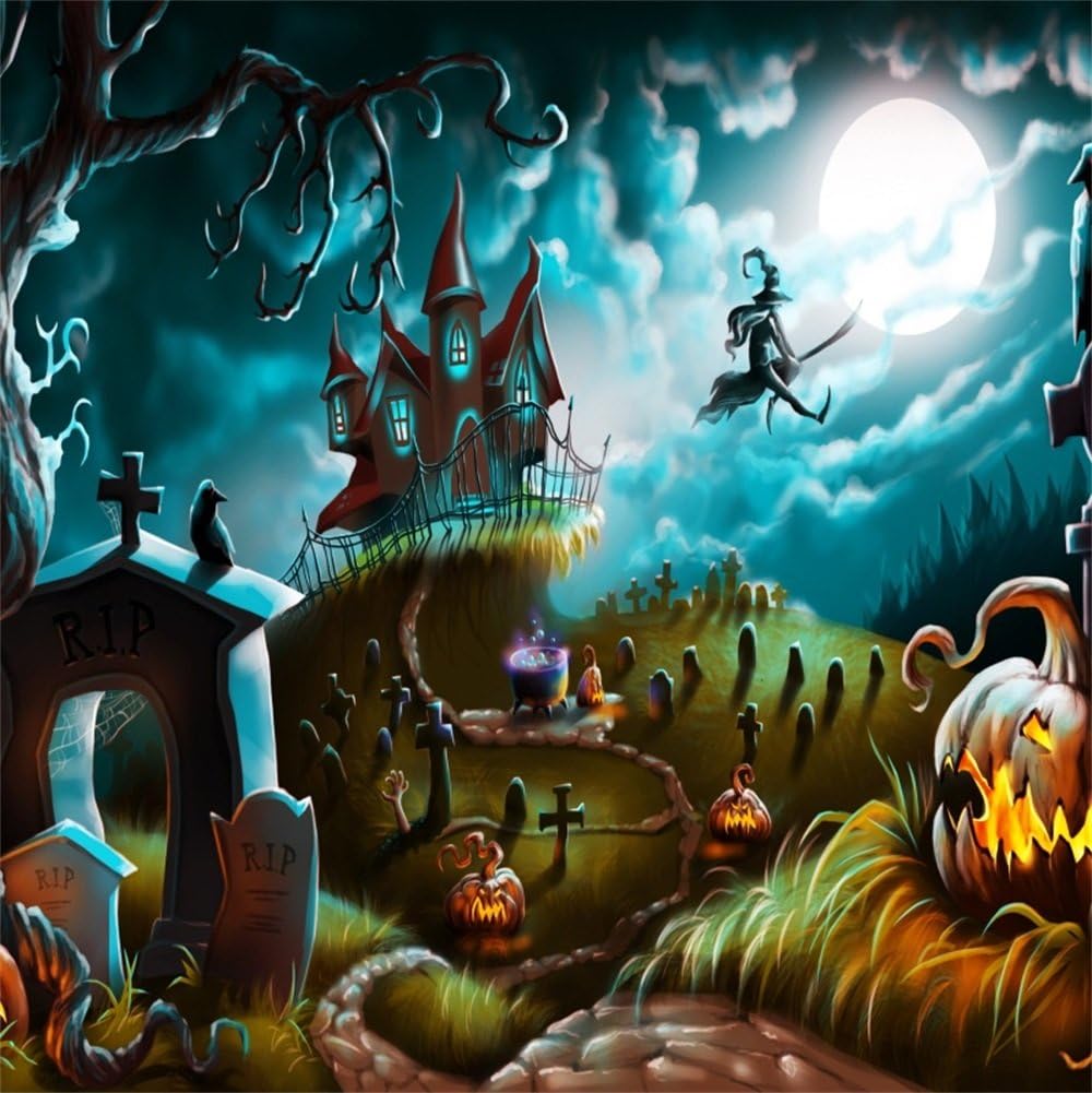 Laeacco Halloween Theme Backdrop 10x10ft Ghastly Graveyard Haunted Witch House Halloween Horror Night Background Creepy Cemetery Boiling Potion Grinning Pumpkin Halloween Party Trunk Or Treat Backdrop