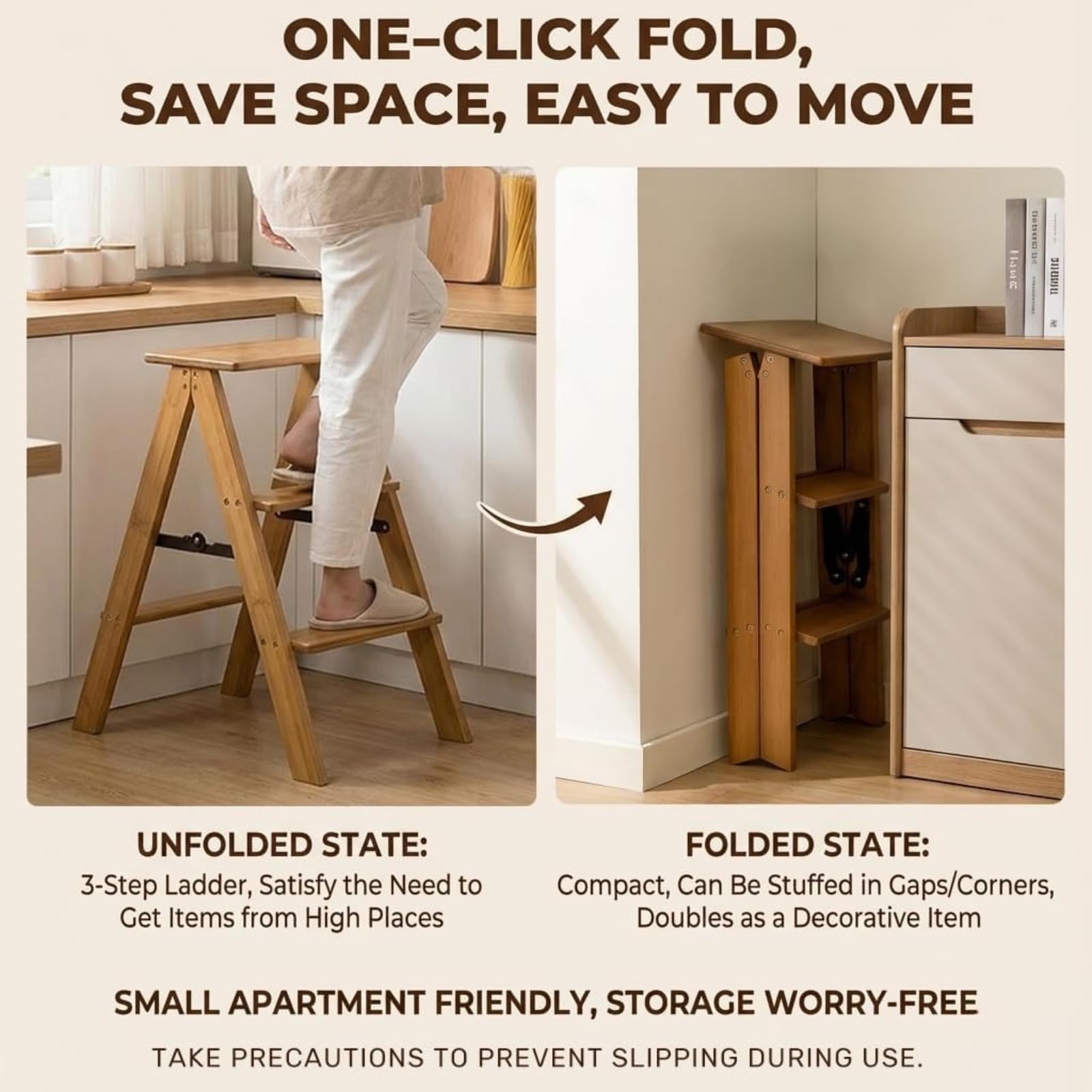Escabeau pliant en bois à 3/4/5 marches, capacité de charge de 100 kg, Tabouret escabeau pliant multifonctionnel, large pédale antidérapante, pour la maison/cuisine/garage,échelle utilitaire(5 floors)