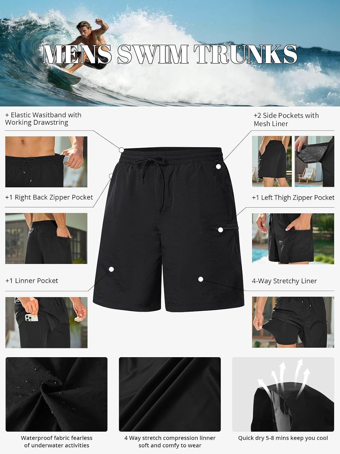 Mens Swim Trunks with Compression Linner Waterproof Swimming Beach Swim Shorts with Zipper Pocket Quick Dry Board Shorts Swimwear 2 in 1 Bathing Suit Swimsuit Black X-Large - Image 4