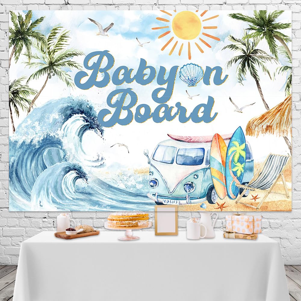 Mocsicka Baby on Board Backdrop Summer Beach Baby Shower Party Decorations Tropical Sea Wave Surfboard Background Seaside Newborn Birthday Photo Props (7x5ft)