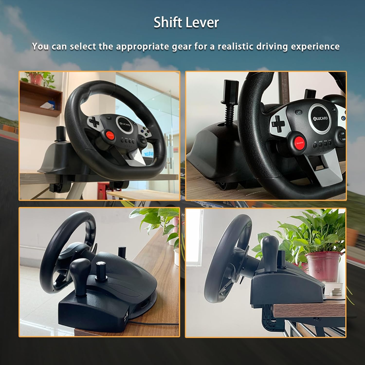 VooFun Racing Wheel with shift lever and examples of buckle mounting on a table