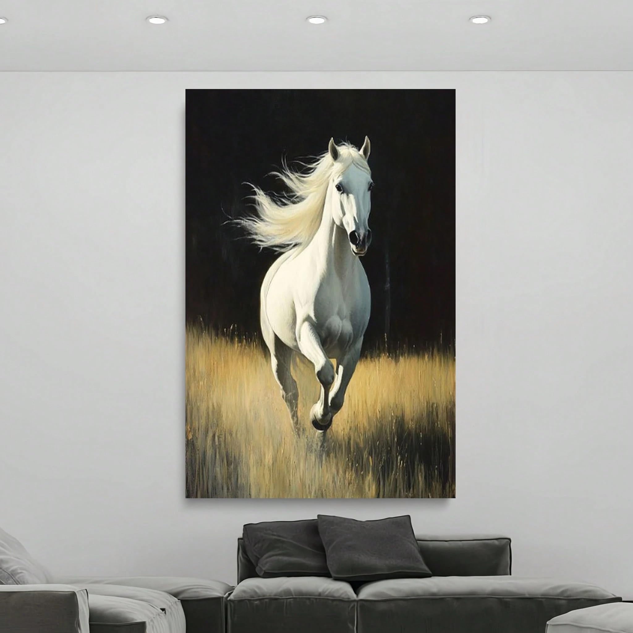 VCBNUGH Stampa su tela raffigurante uno stallone equestre, cavallo su erba dorata, decorazione murale con animali selvatici su sfondo nero (50x70 cm/con cornice)